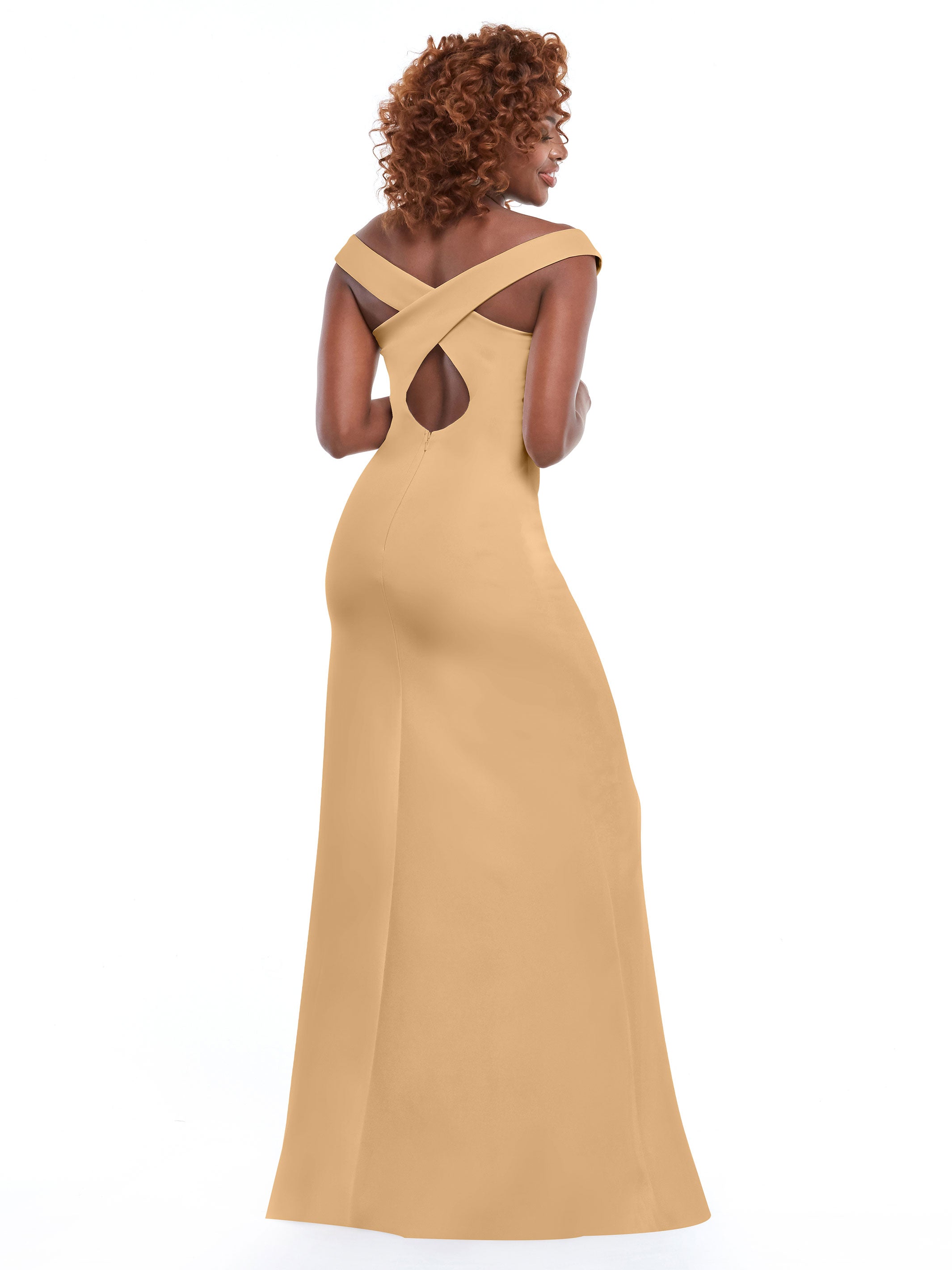 Elegant Off-the-Shoulder Double Knit Bridesmaid Dress with Thigh Slit - Perfect for Weddings, Prom & Formal Events