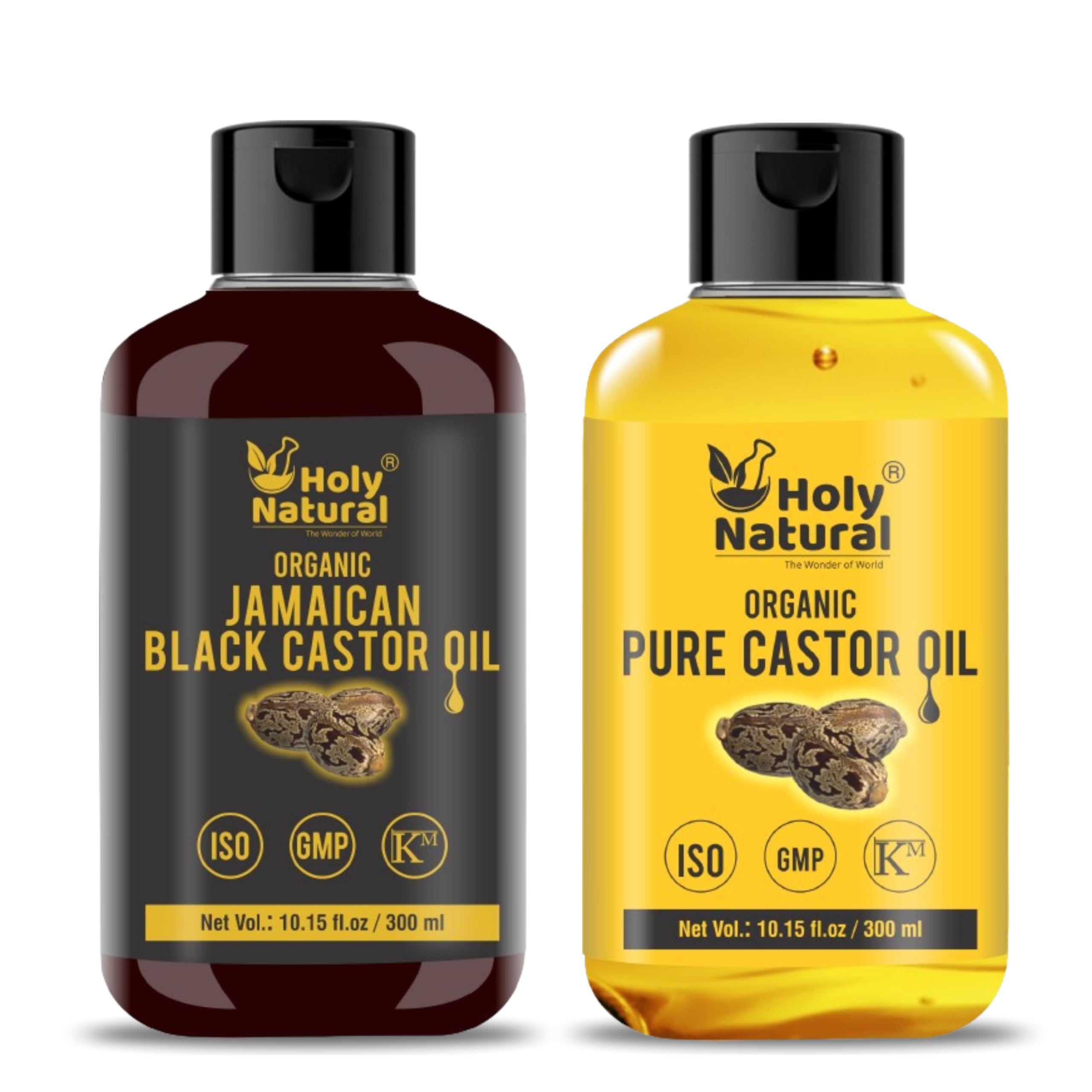 Holy Natural Organic Jamaican Black Castor Oil & Organic Castor Oil Combo Pack - 300ml x 2 | Pure Cold-Pressed Hair Growth Treatment | For Thicker Hair, Eyelashes & Eyebrows | Perfect for Natural Hair Care & Scalp Massage