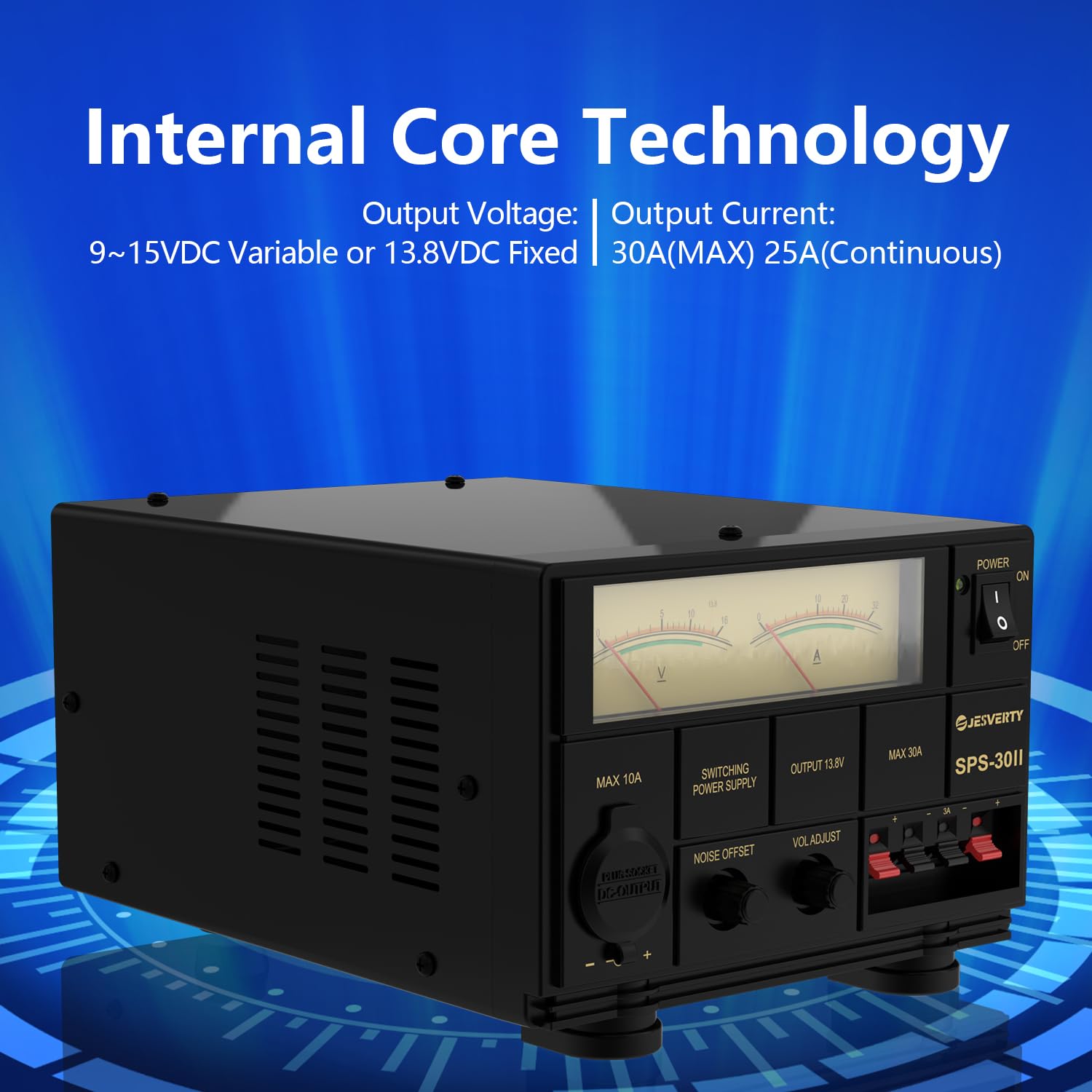 Universal Compact Bench Power Supply - 30A Regulated AC-to-DC Converter 13.8V/9-15V with Cooling Fan & Screw Terminals for Home Lab, Electronics Testing, DIY Projects - Jesverty SPS-30II