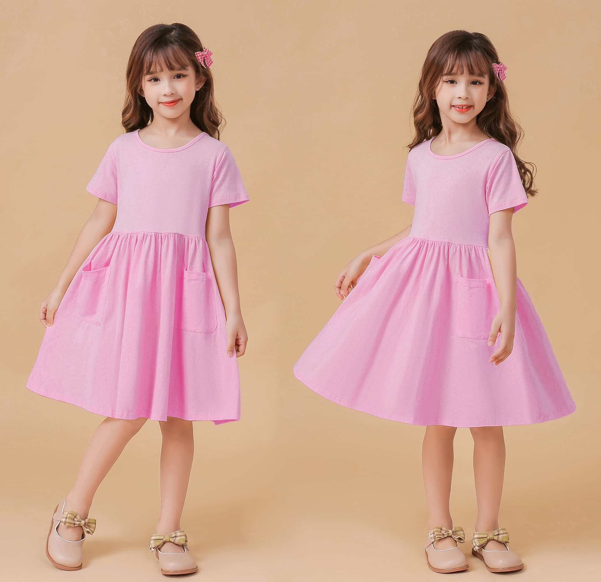 Girls' Short Sleeve Solid Color Casual A-Line Pleated Dress with Pockets - Perfect for School, Playdates & Summer Outfits