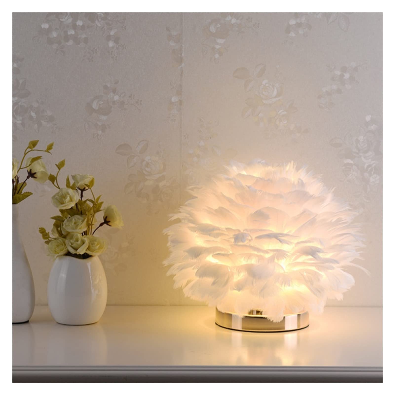 TOMYEUS LED Desk Lamp with Feather Shade - Adjustable E27 Table Lamp for Bedroom, Living Room, Office | Romantic Lighting for Home Decor, Reading, Study & Nightstand Use