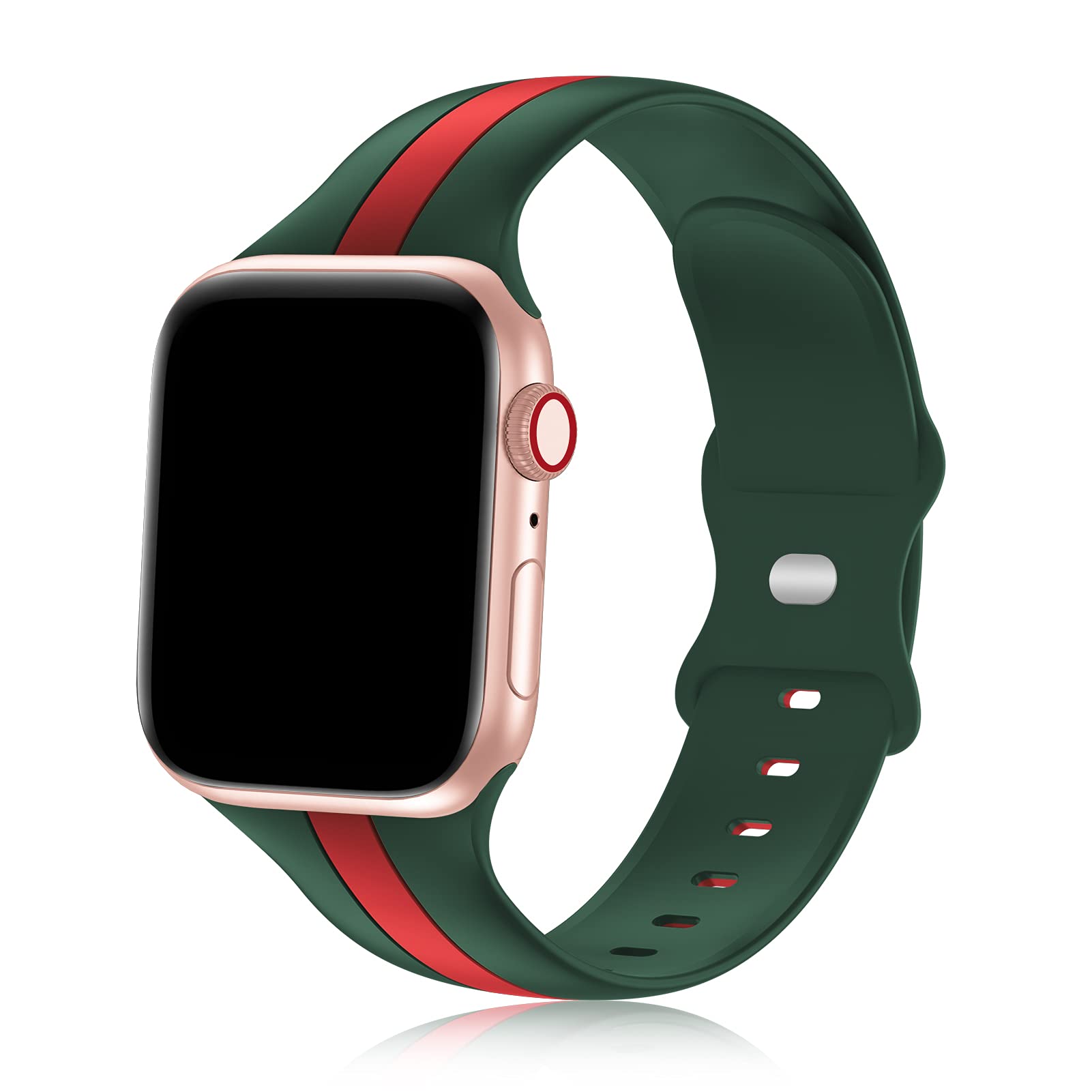 iWabcertoo Designer Sport Bands for Apple Watch 38mm 40mm 41mm - Soft Silicone Replacement Strap Compatible with iWatch Series 8/7/6/5/4/3/2/1/SE - Unisex Army Green & Red Bands for Workout, Running & Daily Wear