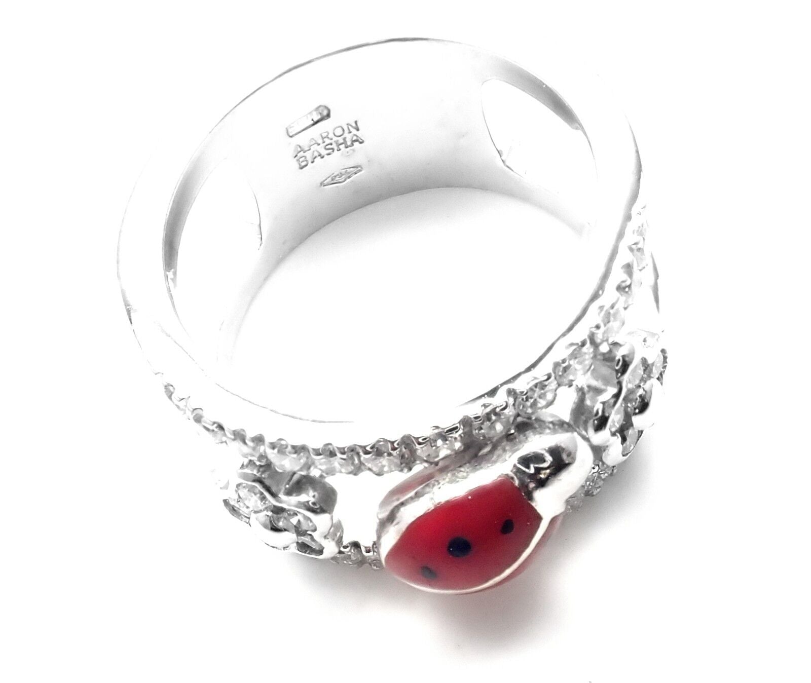 Authentic Aaron Basha 18k White Gold Diamond Red Enamel Ladybug Band Ring - Perfect for Valentine's Day Gifts, Anniversary Presents & Everyday Luxury Jewelry