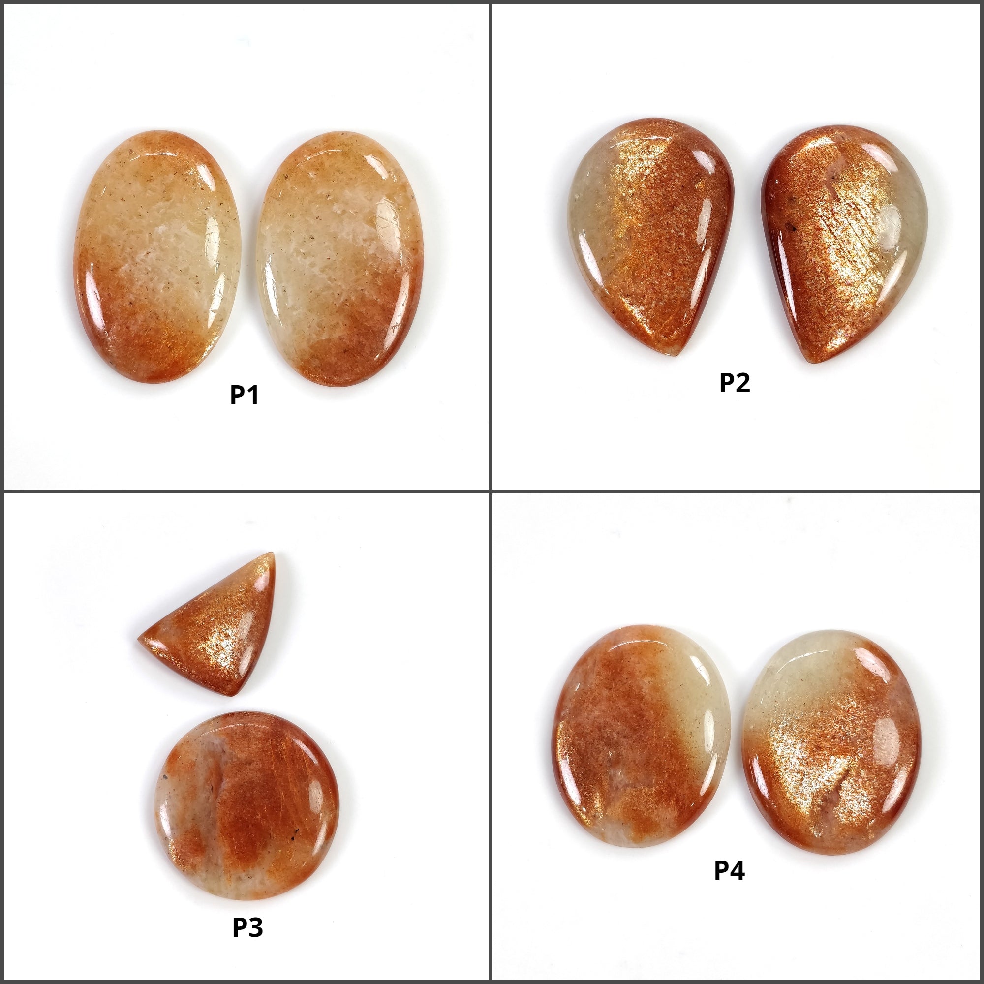 Natural Untreated Chatoyant Orange Sunstone Gemstone Cabochon - 2pcs Oval, Pear & Round Shapes for Jewelry Making, Wire Wrapping & Crystal Healing