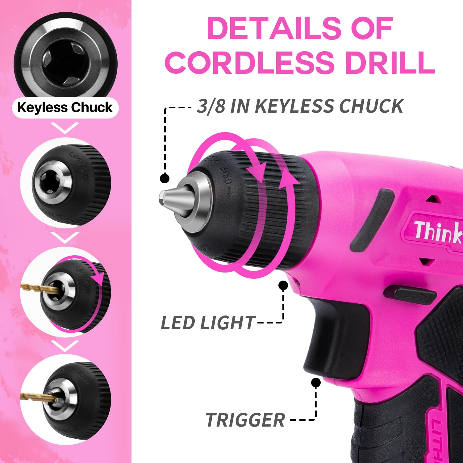 64PCS Pink Tool Set with Cordless Drill - 8V Power Drill & Electric Screwdriver Kit for Women, 3/8