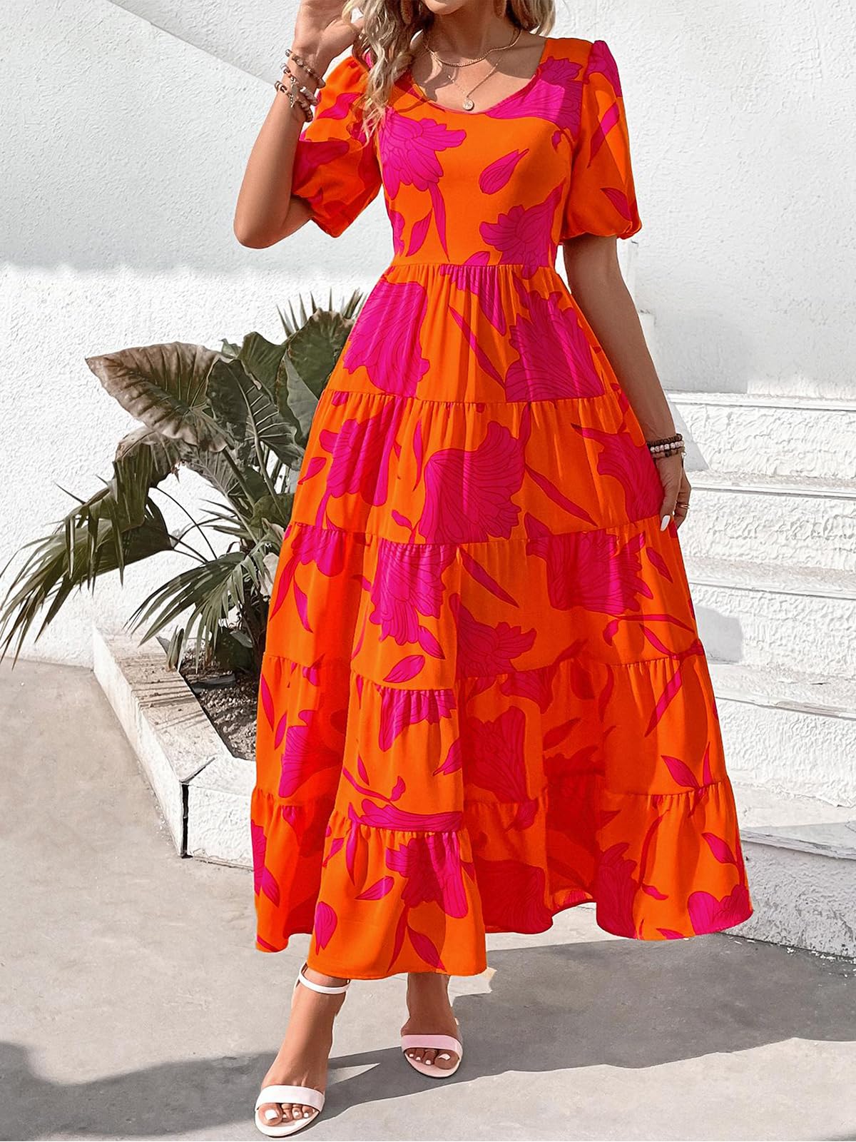 PRETTYGARDEN Women's Floral Summer Maxi Dress 2025 - Puff Sleeve, Smocked Backless, Flowy Tiered Design for Beach, Vacation & Casual Wear | Boho Chic Dress for Outdoor Parties, Date Nights & Summer Getaways