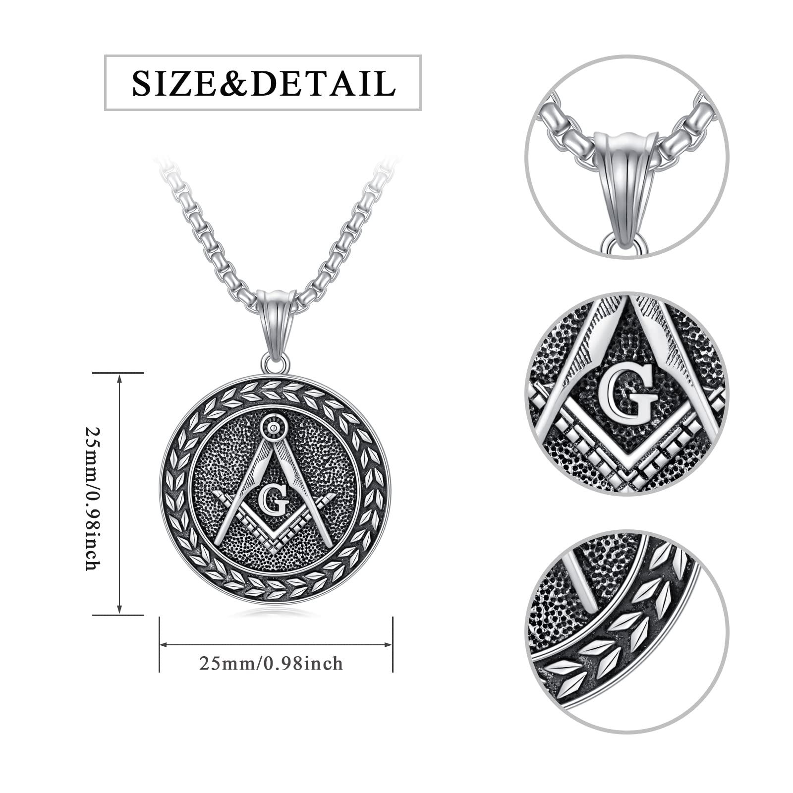 Seiyang Masonic Compass Necklace - 925 Sterling Silver Pendant with 2mm 22+2 Inch Rolo Chain for Men & Women | Perfect for Freemason Gifts, Spiritual Jewelry & Everyday Wear