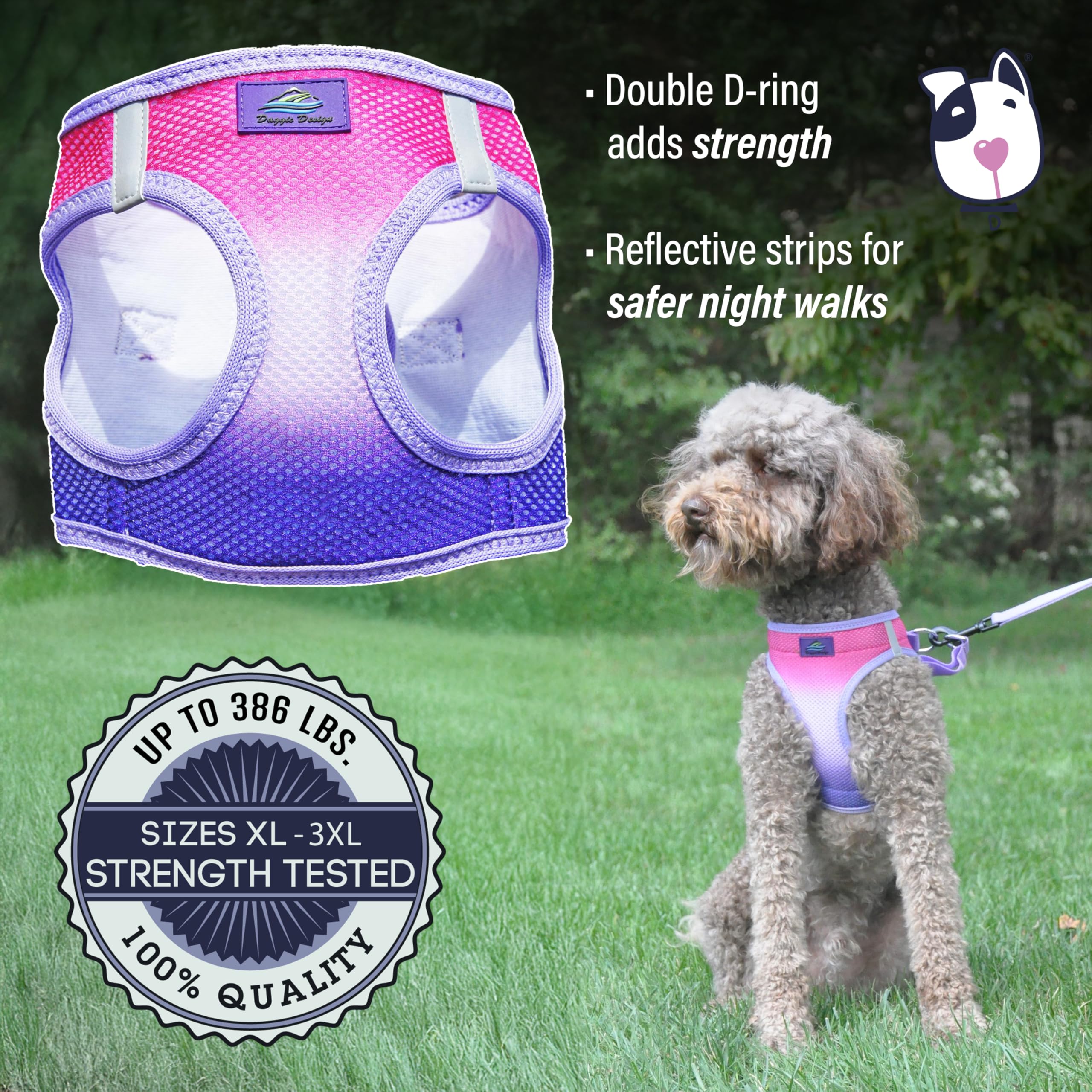 Doggie Design No-Choke Dog Harness - Breathable Mesh Polyester Pet Vest with Easy Step-in Design for Small, Medium & Large Dogs - Raspberry Sundae Color XL - Perfect for Walking, Hiking & Outdoor Adventures