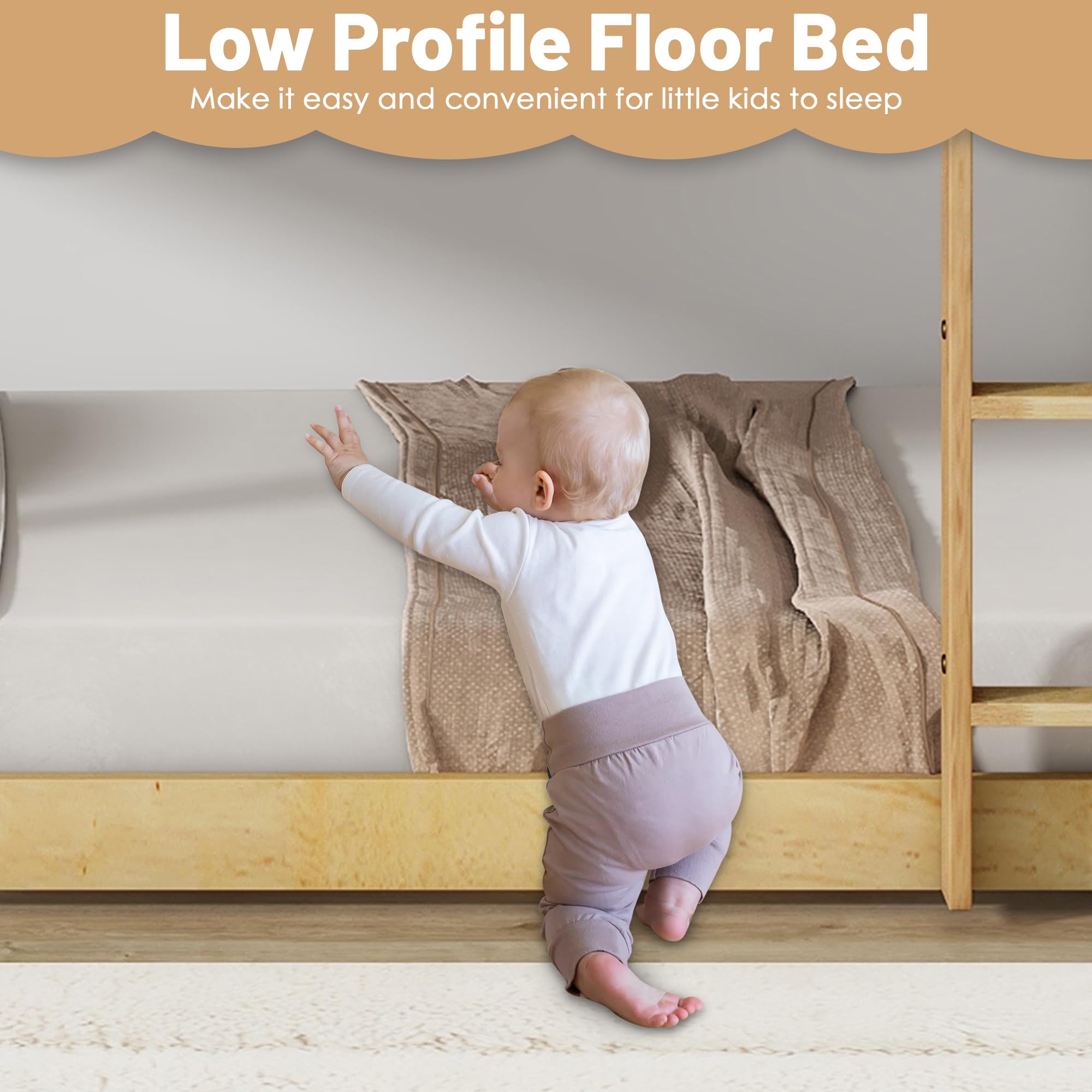 Twin Over Twin Wooden Bunk Bed - Low Profile Floor Bunk Bed with Safety Ladder & Guardrails for Kids | No Box Spring Needed | Perfect for Small Bedrooms, Kids' Rooms & Space-Saving Solutions