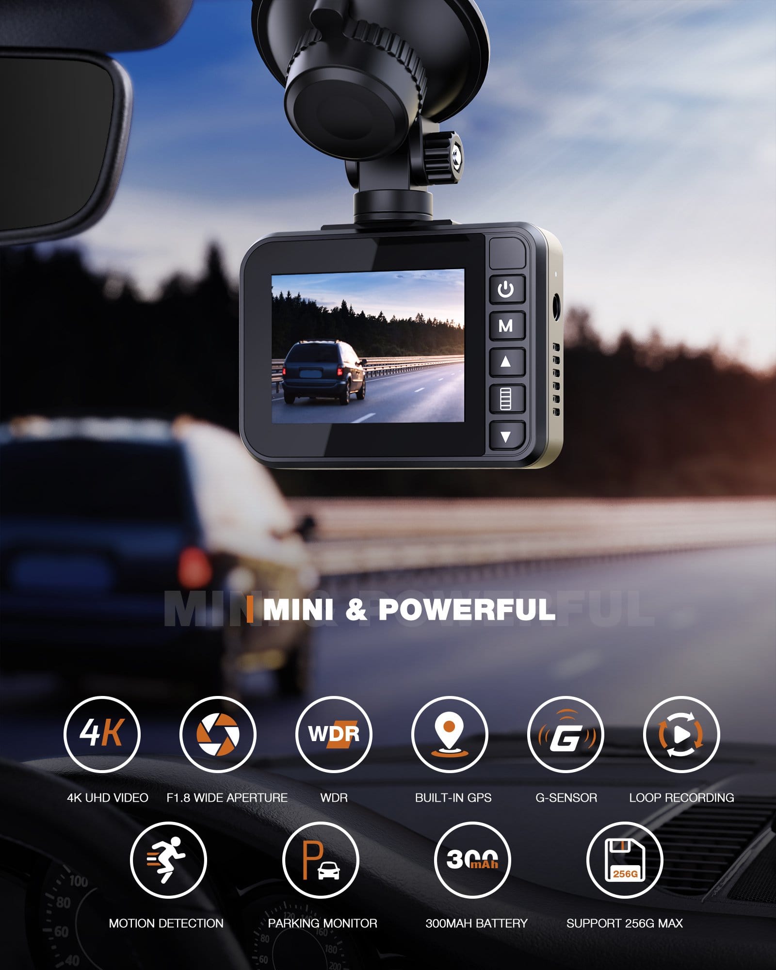 Campark DC45 Dual Dash Cam with GPS - 4K Front & 1080P Rear Mini Dashboard Camera for Cars - Night Vision, Loop Recording, Parking Monitor - Perfect for Road Trips, Commuting & Uber Drivers