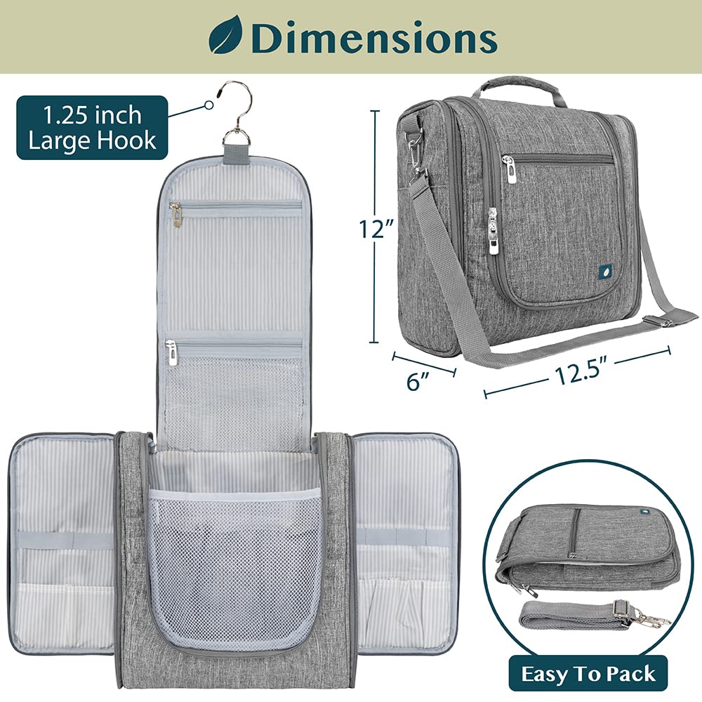PAVILIA Extra Large Hanging Toiletry Bag for Women & Men - Waterproof Travel Cosmetic Organizer with Multiple Pockets for Makeup, Toiletries & Accessories - Perfect for Vacation, Gym & Business Trips (Grey)