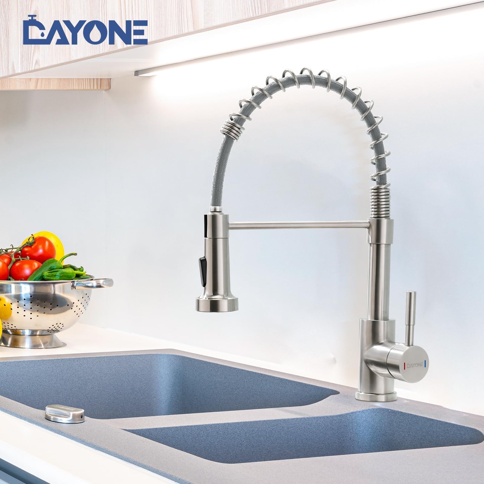 DAYONE Brushed Nickel Kitchen Faucet with Pull-Out Sprayer - High Arc Single Handle for Modern Kitchens