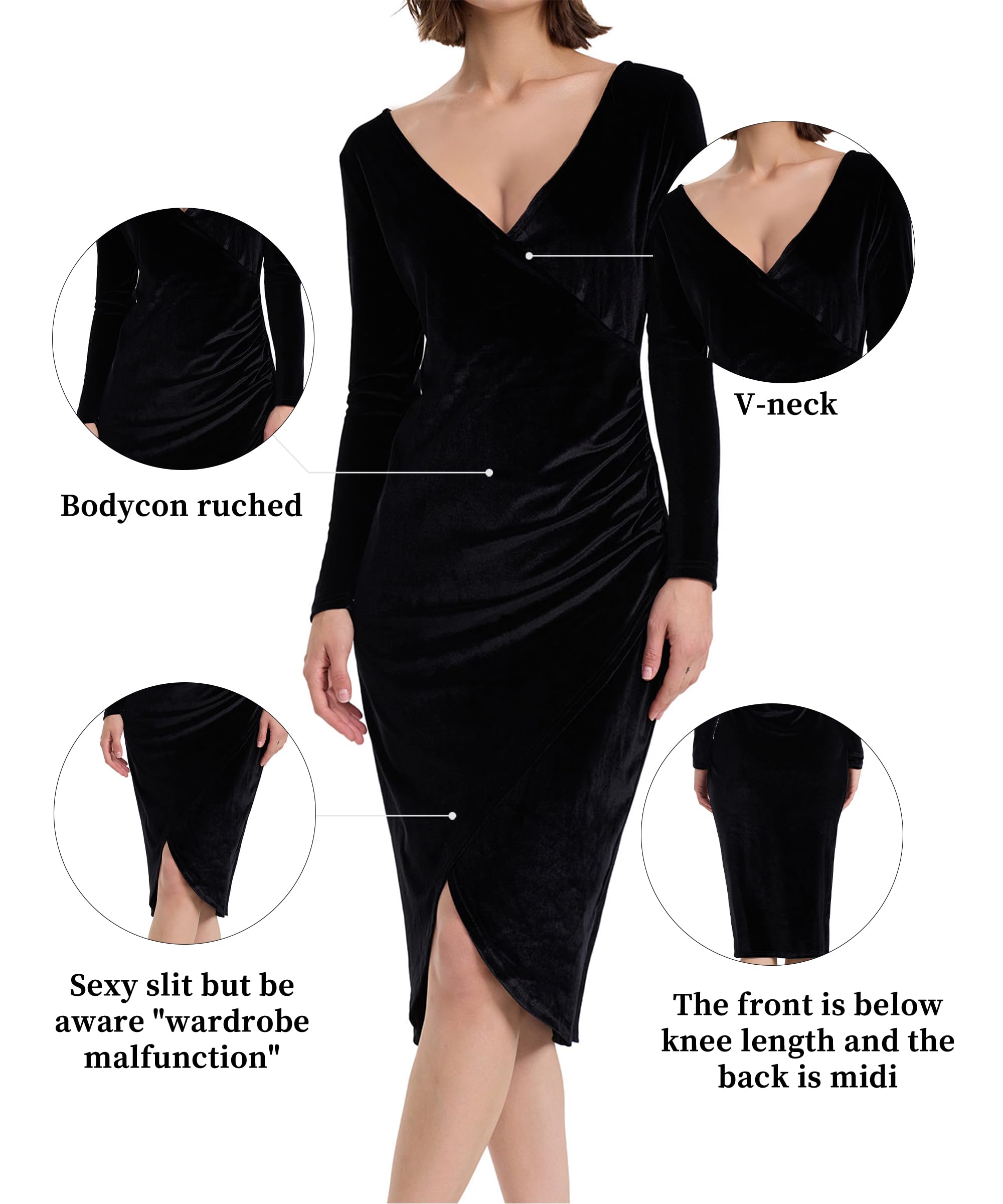Elegant Long Sleeve V-Neck Bodycon Ruched Wrap Velvet Dress for Wedding Guest & Formal Occasions - Perfect for Evening Parties, Cocktail Events & Holiday Celebrations
