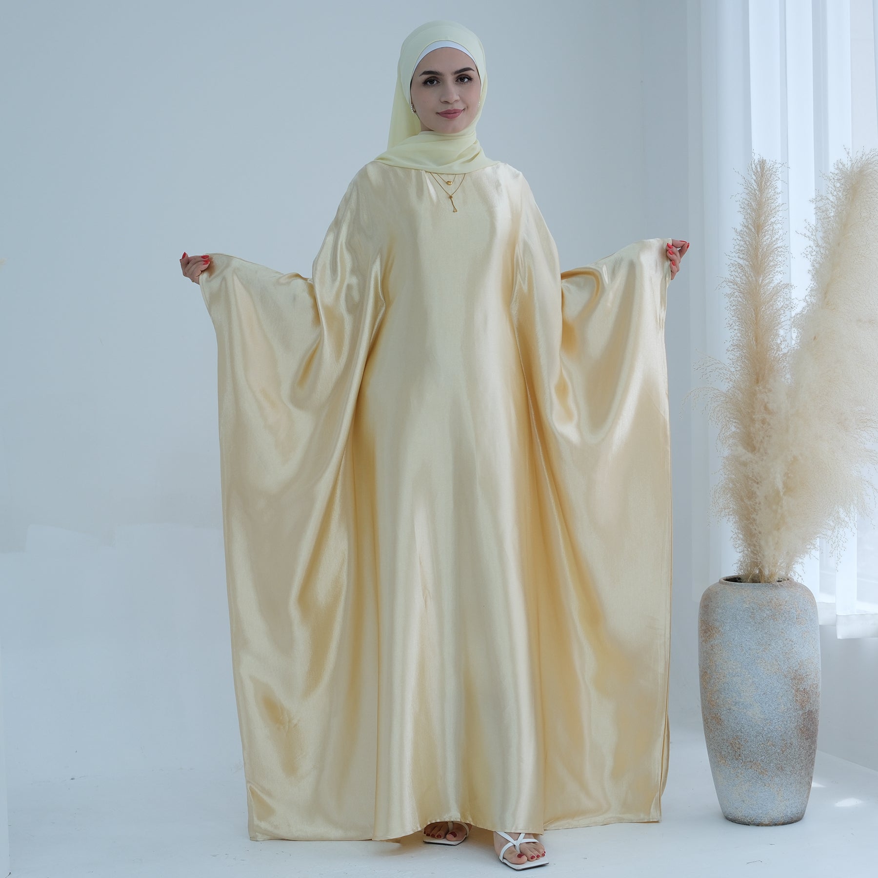 Elegant Alisha Butterfly Satin Abaya Dress - Yellow Gold Islamic Prayer Gown for Women | Perfect for Eid, Ramadan, Wedding & Special Occasions