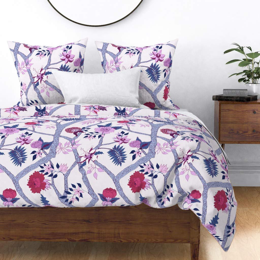 King/California King Cotton Sateen Duvet Cover - Navy Purple Chinoiserie Floral Print with Red Peonies | Chinese Style Custom Bedding Set | Perfect for Master Bedroom, Guest Room & Luxury Hotel Decor