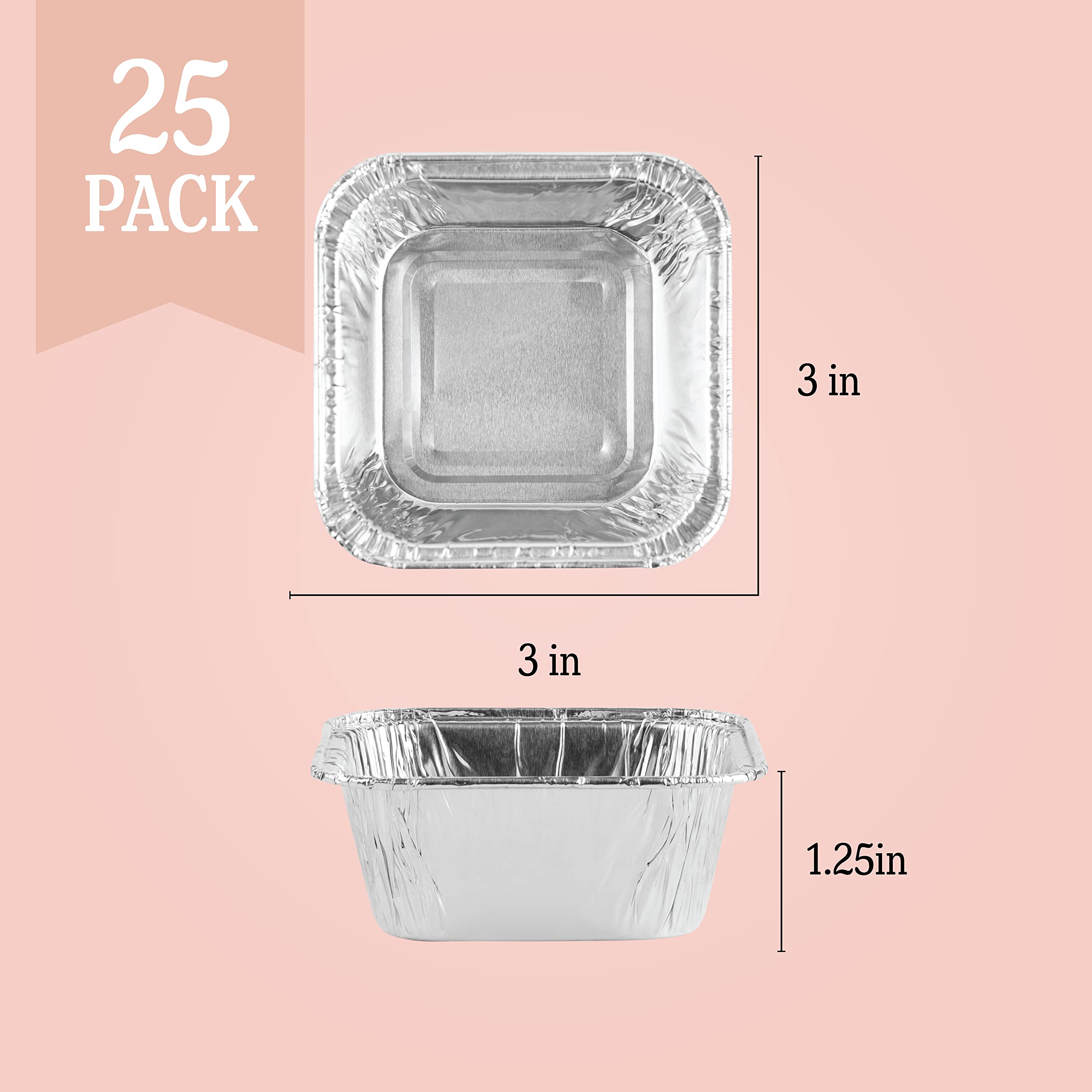 PLASTICPRO 25-Pack 3x3x2 Inch Disposable Aluminum Foil Baking Pans - Perfect for Cakes, Brownies, Bread, Meatloaf & Lasagna - Great for Home Baking, Parties & Meal Prep