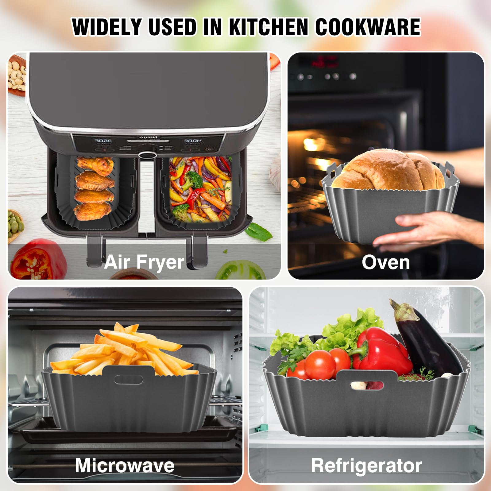 8-10QT Air Fryer Silicone Liner for Ninja SL401/DZ302/DZ550/DZ401 - Large Rectangular Non-Stick Baking Pan, Reusable Dual Basket Insert Accessories (2-Pack) - Perfect for Healthy Frying, Roasting, and Baking Chicken Wings, French Fries & Vegetables