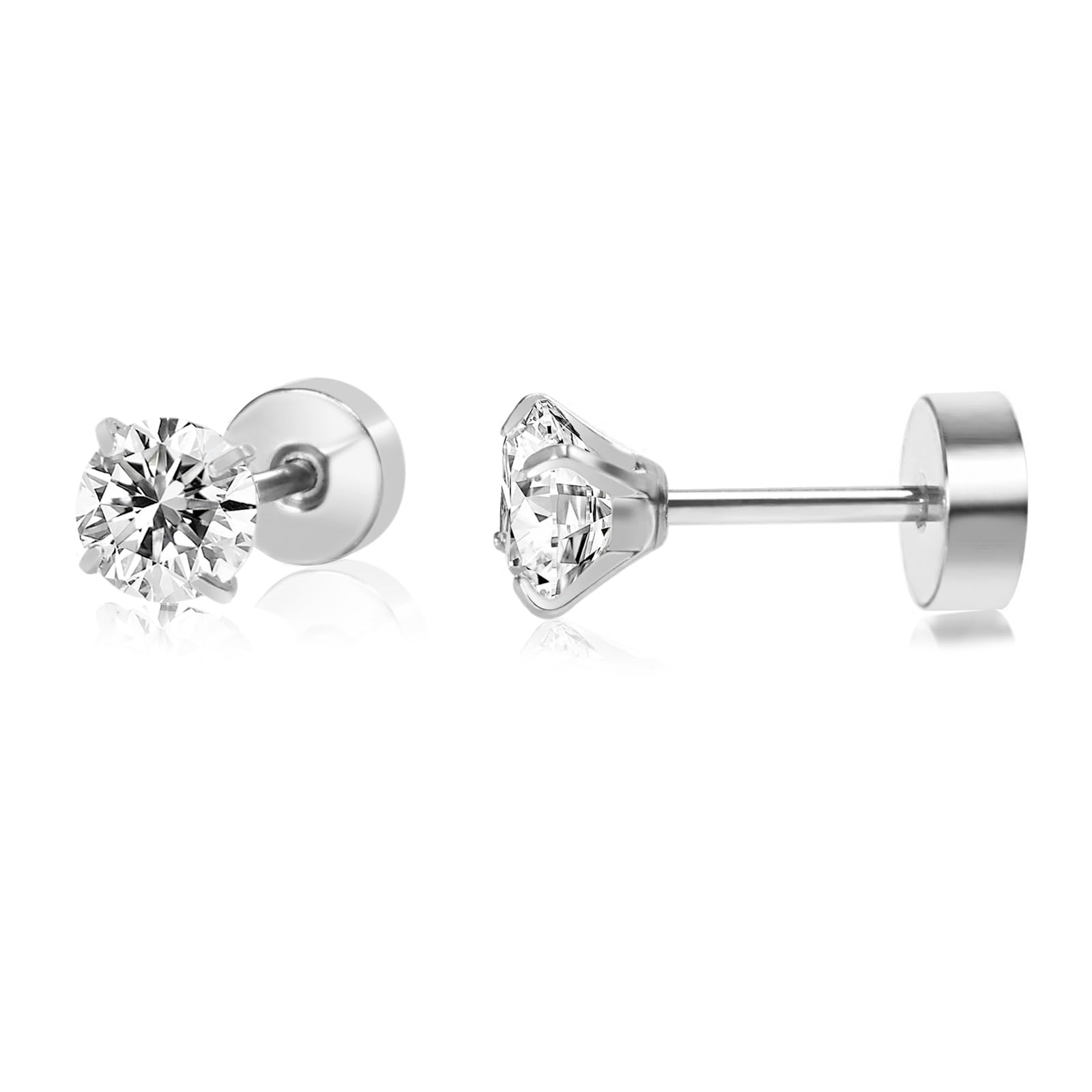 Hypoallergenic Titanium Screw Back Earrings for Women & Toddlers - 5mm Cubic Zirconia Flat Back Studs for Cartilage, Helix & Tragus Piercing (Silver) | Perfect for Daily Wear, Sensitive Ears & Gift Giving