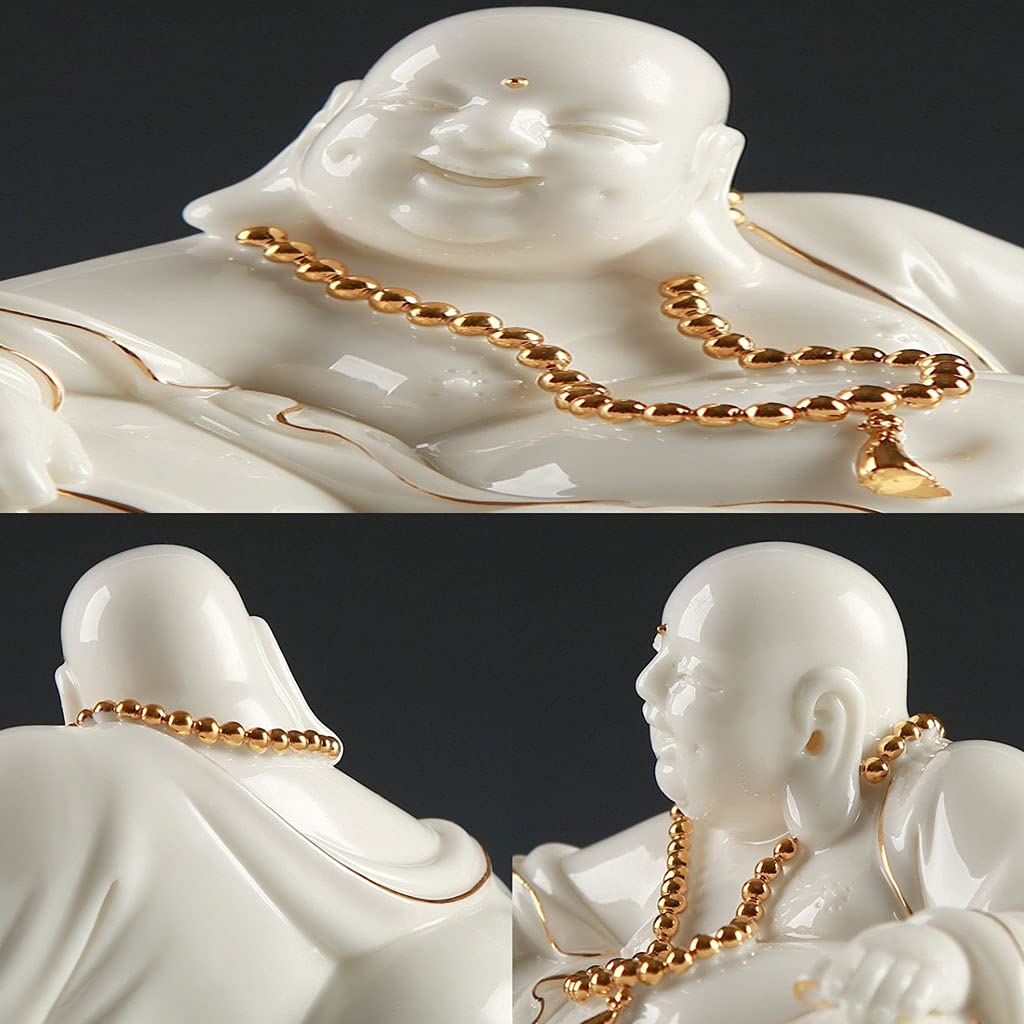 Laughing Buddha Statue - White Porcelain Sculpture for Good Luck, Happiness, Wealth & Peace - Buddhist Home & Office Decor for Meditation Room, Living Room & Workspace