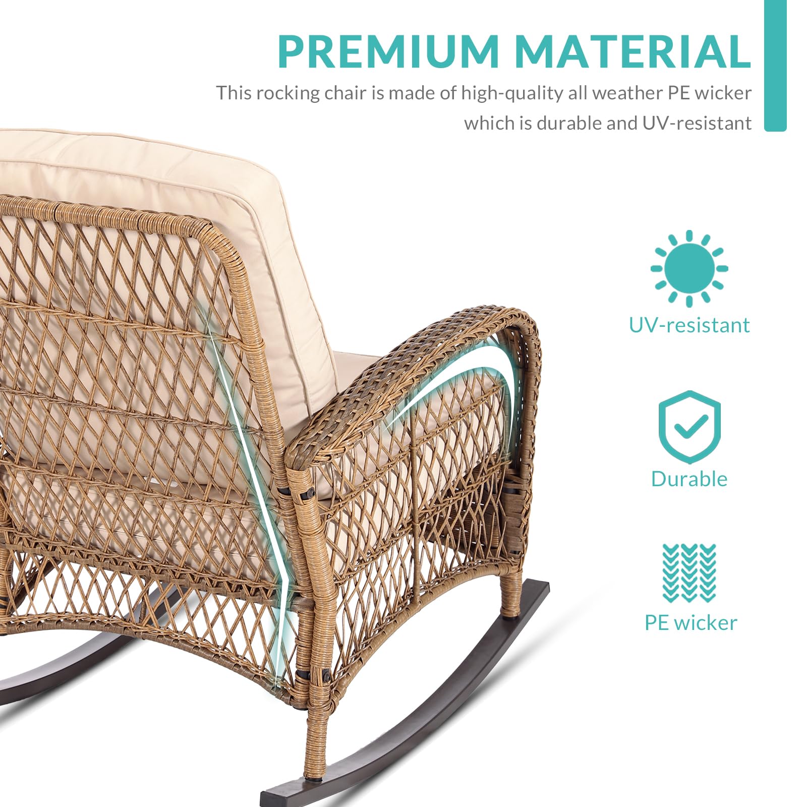 MEETWARM 3-Piece Outdoor Wicker Rocking Chair Set with Cushions & Glass-Top Coffee Table - Beige Rattan Patio Conversation Bistro Set for Porch, Backyard, Garden & Poolside Relaxation