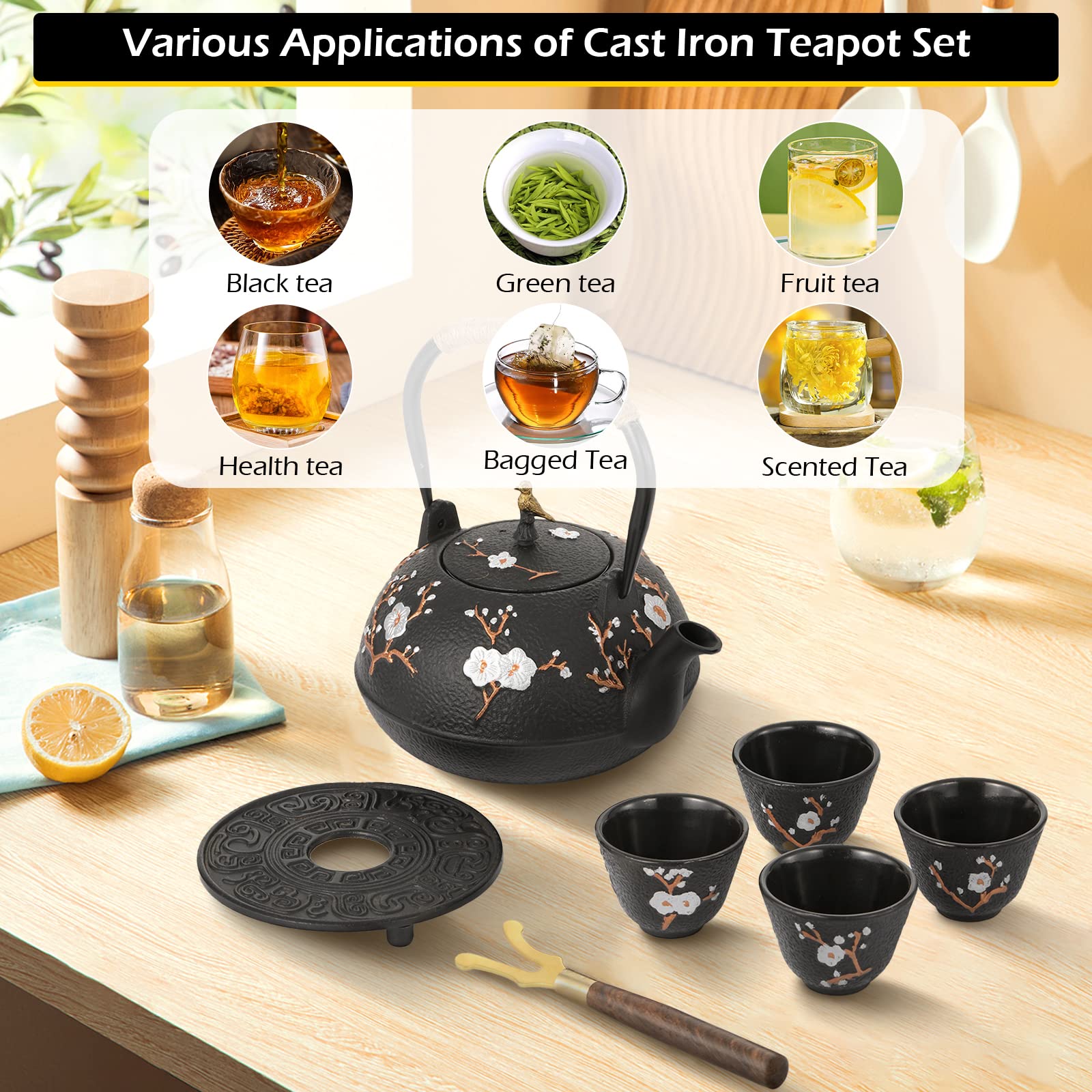 Premium Japanese Cast Iron Teapot Set with Infuser - 1200ml/40.6oz Traditional Tetsubin Tea Kettle & 4 Matching Cups - Authentic Japanese Style for Green Tea, Herbal Tea & Matcha - Perfect for Home, Office & Tea Ceremonies