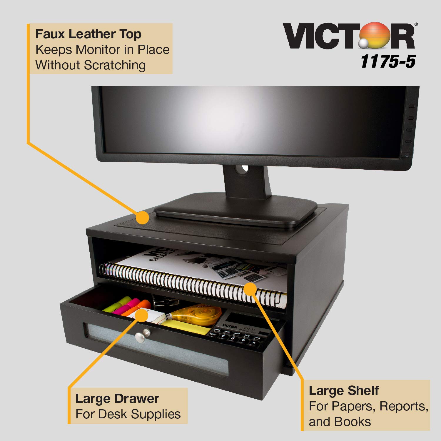 Victor Midnight Black Collection 1175-5 Wood Monitor Stand Riser - Ergonomic Desktop Organizer for Home & Office Workspace