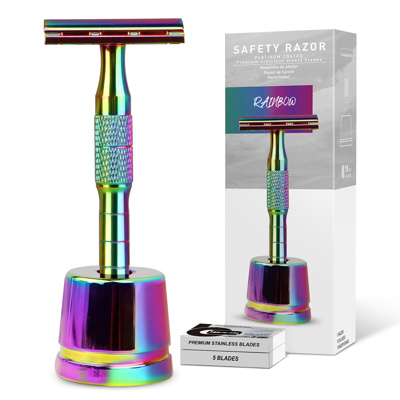 Premium Double Edge Safety Razor with Stand - Reusable Metal Razor for Men & Women - Includes 10 Platinum Coated Blades - Eco-Friendly Shaving Solution for Face & Body - Perfect for Home, Travel & Sustainable Grooming - Rainbow Finish