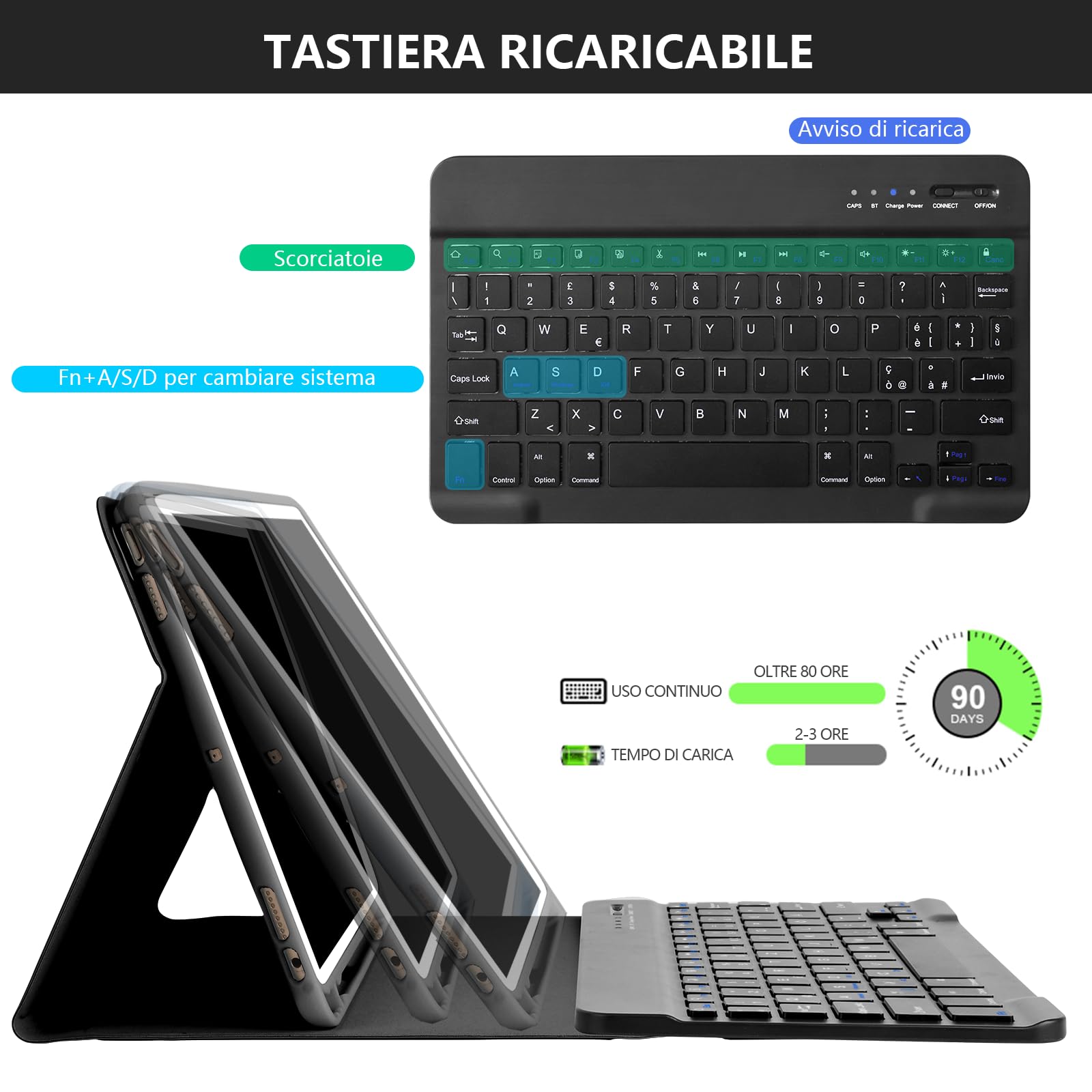 HOTLIFE Magnetic Detachable Bluetooth Keyboard Case for iPad 10.2 (7th/8th/9th Gen 2019-2021), iPad Pro 10.5 & iPad Air 3 - Italian Layout Wireless Keyboard Cover (Black) | Perfect for Work, Study & Travel