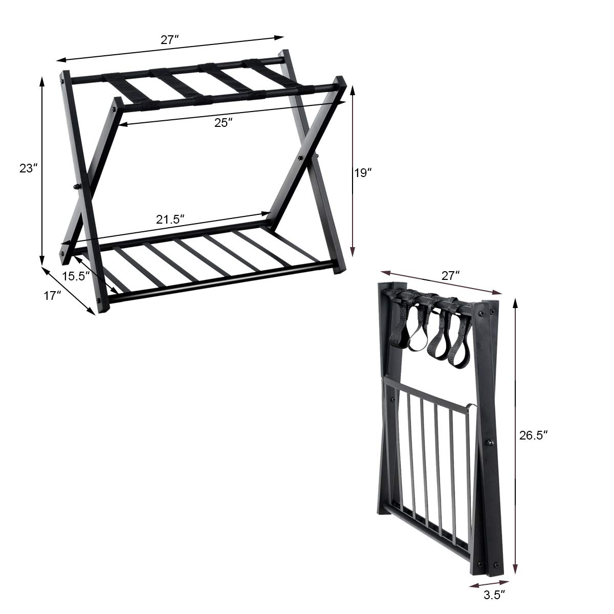 Tangkula 3-Pack Folding Luggage Rack with Storage Shelf - 2-Tier Suitcase Stand with Durable Straps & Protective Cover - Space-Saving Large Luggage Holder for Bedroom, Guest Room, Hotel & Travel Use (Black)