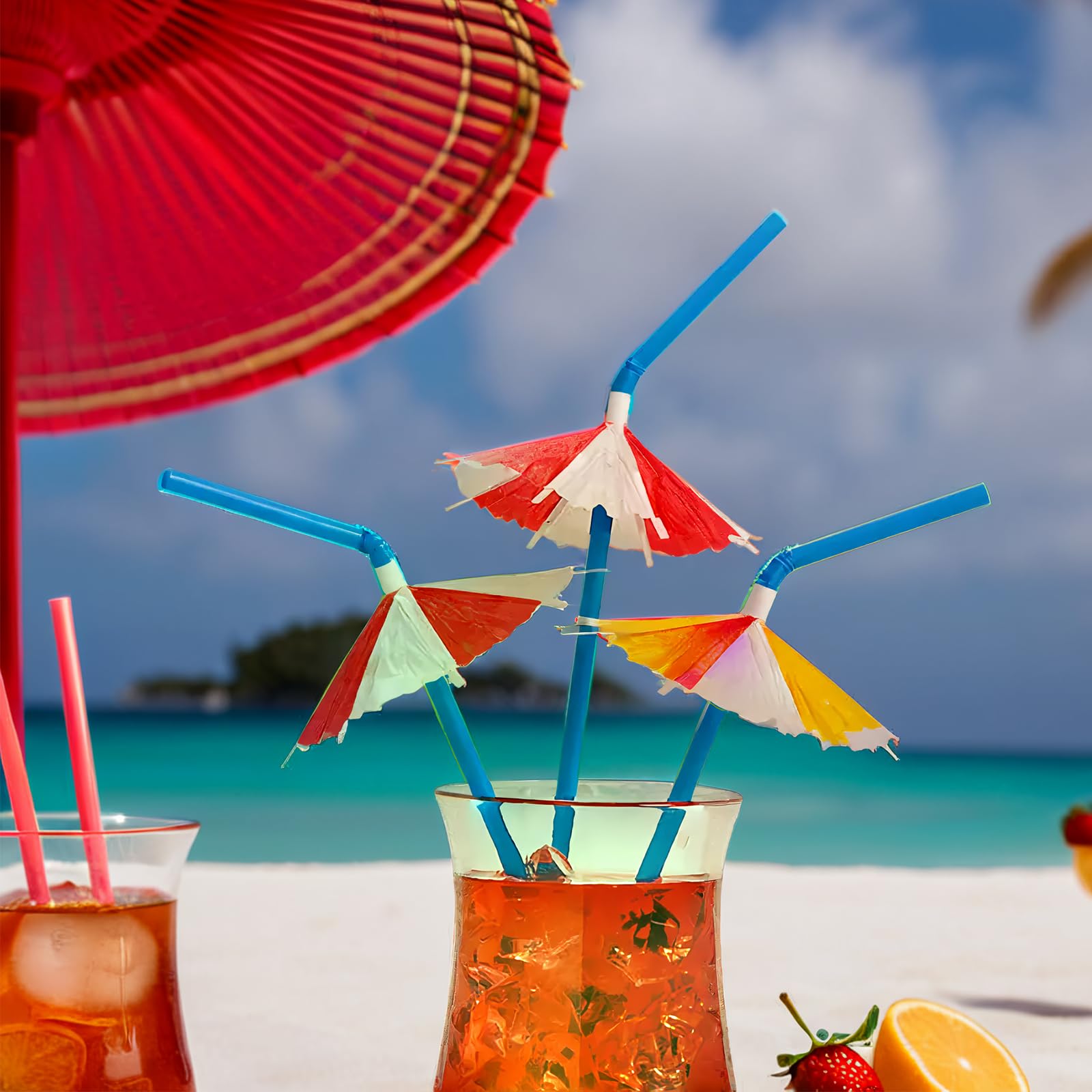 Colorful Pool Party Umbrella Drink Straws - 12 Pack Fun Cocktail Straws for Summer Parties, Tropical Drinks & Beach Themed Events - Perfect for Margaritas, Pina Coladas & Poolside Beverages