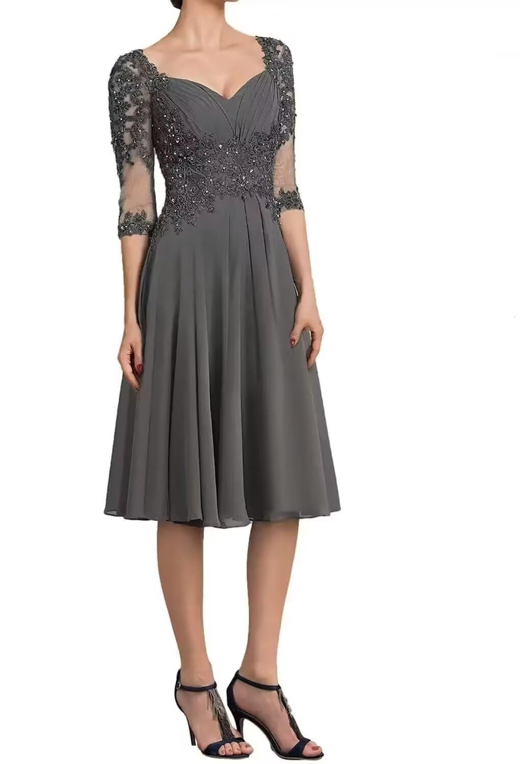 Elegant Mother of The Bride Dress - Tea Length Chiffon Formal Gown with Lace Appliques & 3/4 Sleeves for Wedding Guest | Perfect for Evening Ceremonies, Receptions & Special Occasions