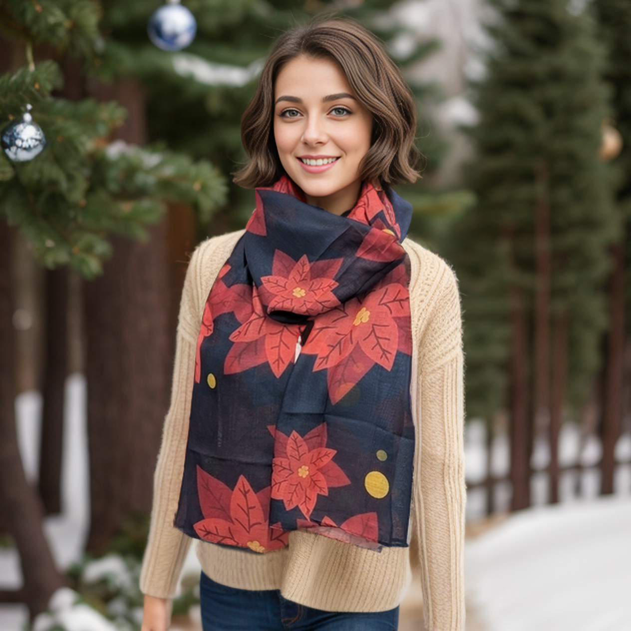 Poinsettia Scarf - Navy Blue Winter Fashion Accessory for Women | Christmas Holiday & Party Wear | Perfect Gift for Her