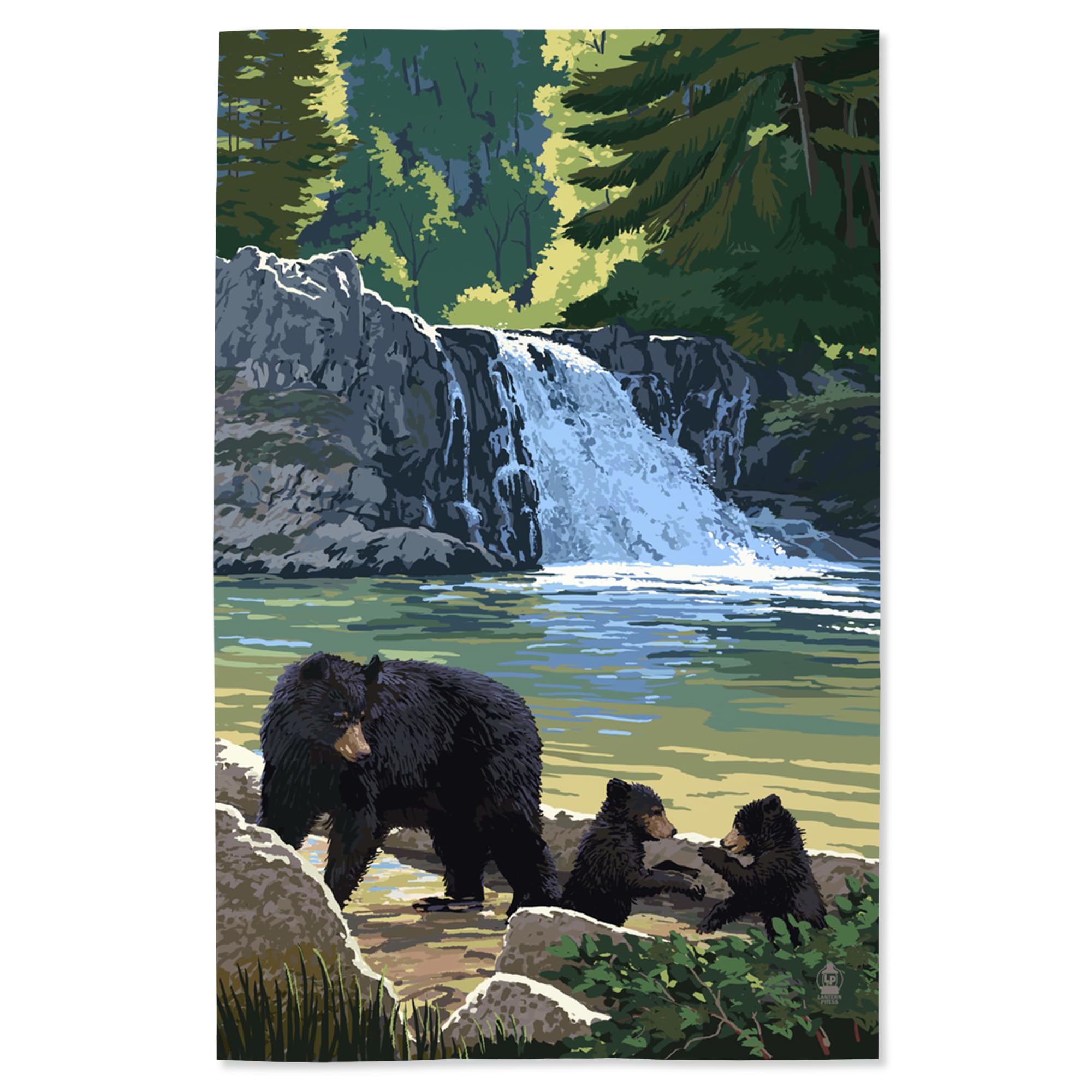 Lantern Press 16x24 Inch Giclee Art Print - Bear Family and Waterfall Wall Decor - Perfect for Living Room, Bedroom & Office Decorations