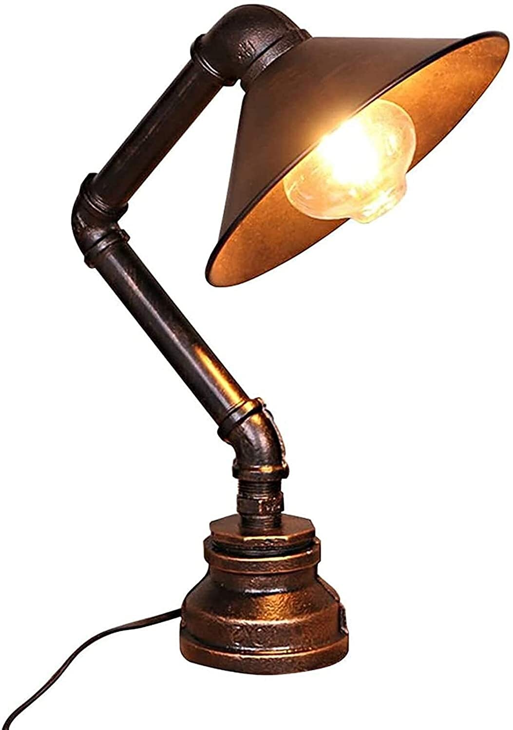 Vintage Industrial Iron Water Pipe Desk Lamp with Built-in Clock - Adjustable LED Light for Home Office, Bedroom, Living Room, Dining Room, Cafe & Bar Decor | Perfect Study Lamp, Nightstand Light & Reading Light