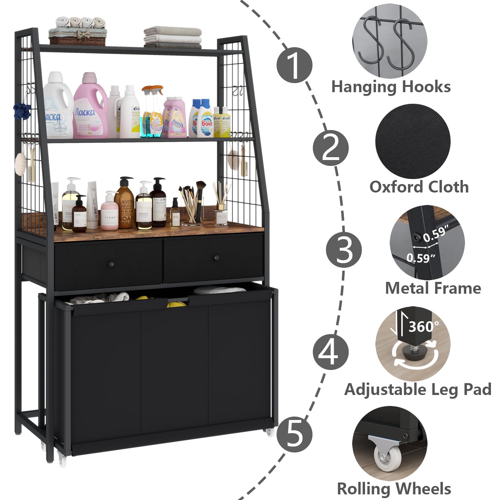 3-Section Rolling Laundry Hamper with 2-Tier Storage Shelf & 2 Drawers - Foldable Clothes Sorter Organizer for Bedroom, Bathroom & Laundry Room - Perfect for Home Organization & Space Saving