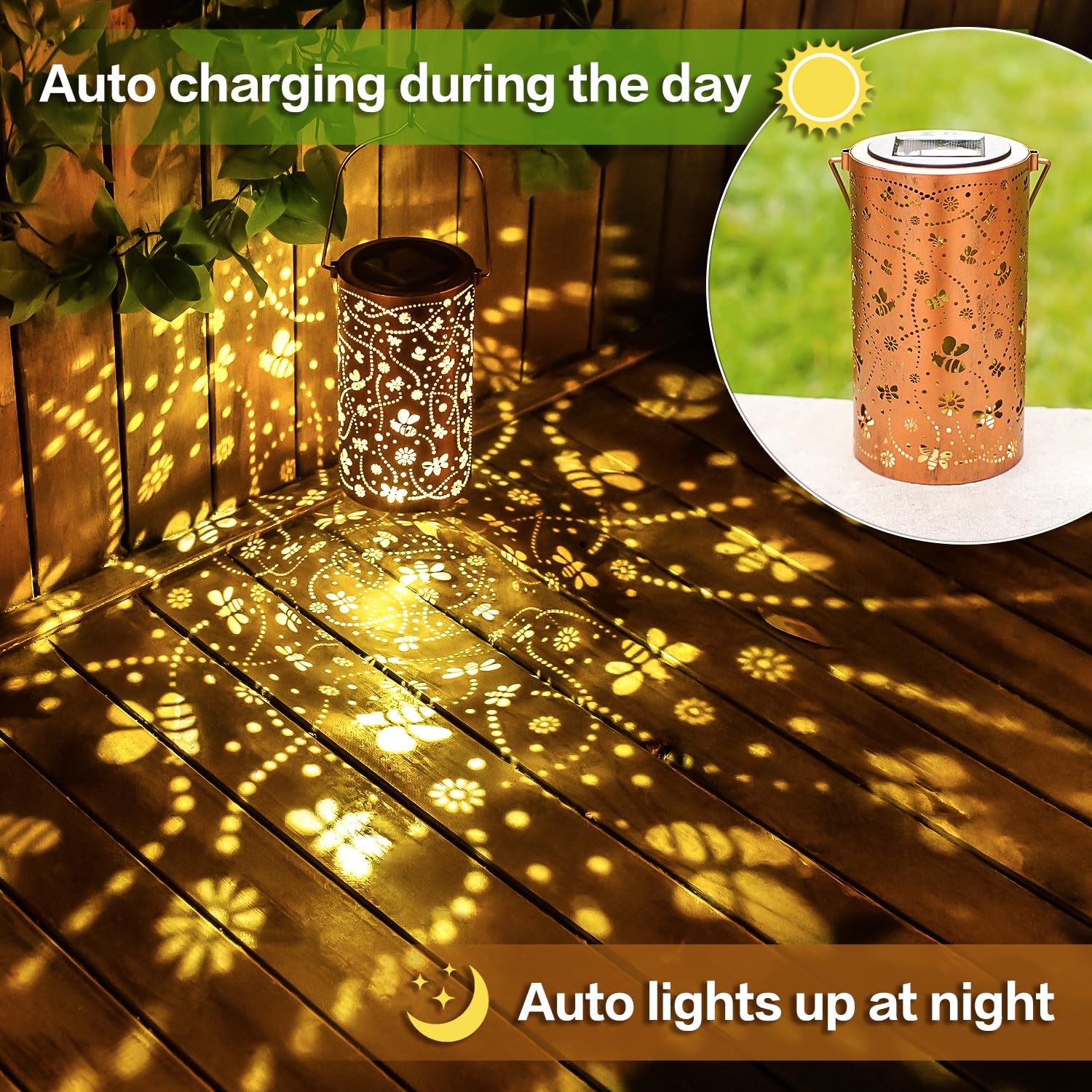 Solar Powered Bee Lanterns - Waterproof Outdoor Hanging LED Lights for Garden, Patio, Yard & Pathway Decor - Unique Metal Bee-Themed Gift for Women & Men - Perfect for Landscape Lighting, Tabletop Displays & Evening Ambiance