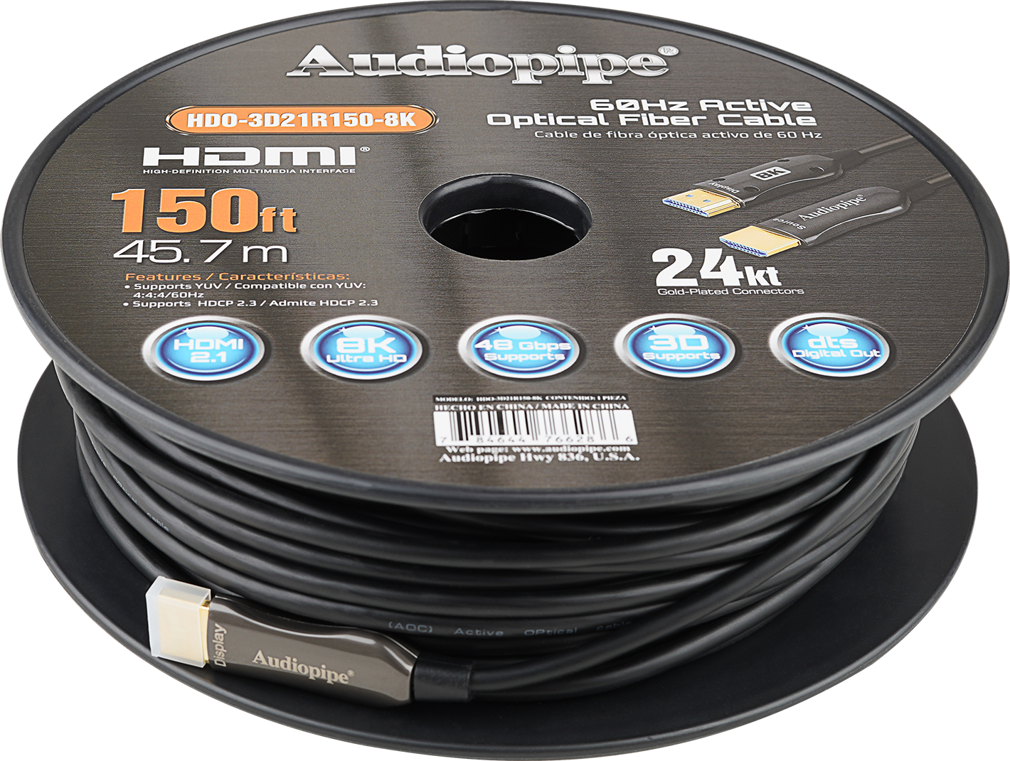 8K Active Optical HDMI Cable 150Ft - Ultra HD 4K 120Hz, HDR, eARC, 48Gbps for Gaming, Home Theater, and Professional AV Setups (HDO 3D21R150 8K) - Perfect for Long-Distance 8K/4K Projectors, PS5, Xbox Series X, and High-End Home Entertainment Systems