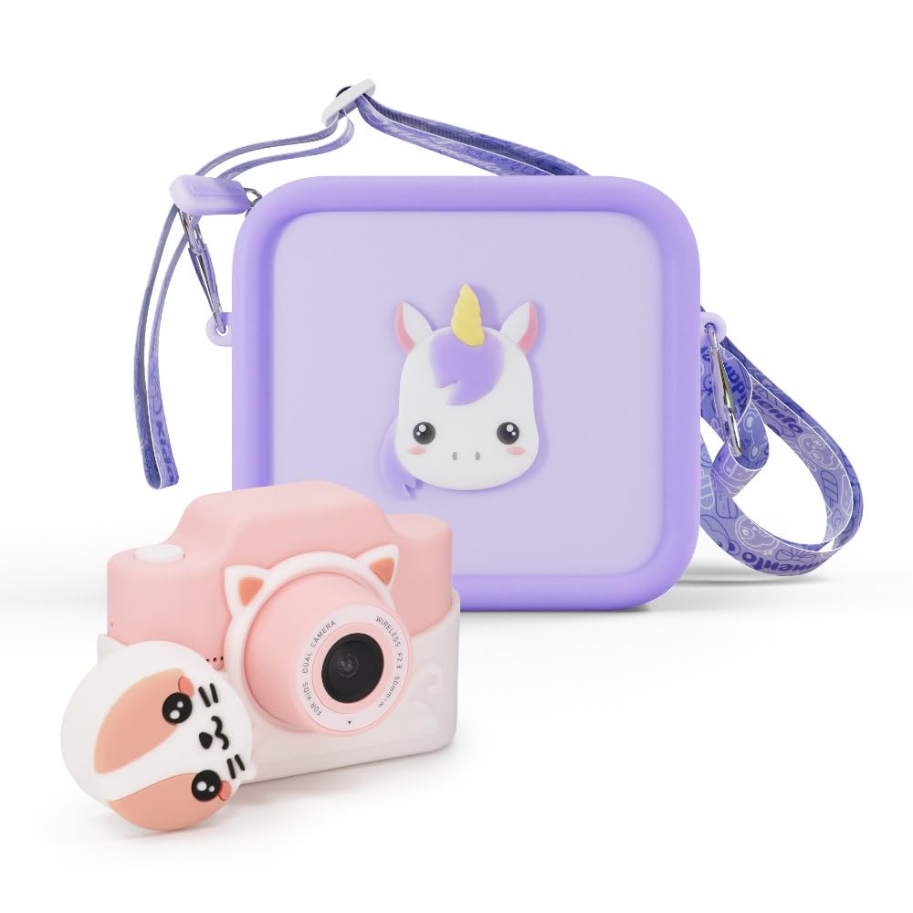 Kidamento K Meowie The Cat Digital Camera for Kids with Silicone Case - Purple Unicorn Design - Durable Children's Camera & Protective Storage Bag - Perfect for Birthday Gifts, Travel, and Outdoor Adventures