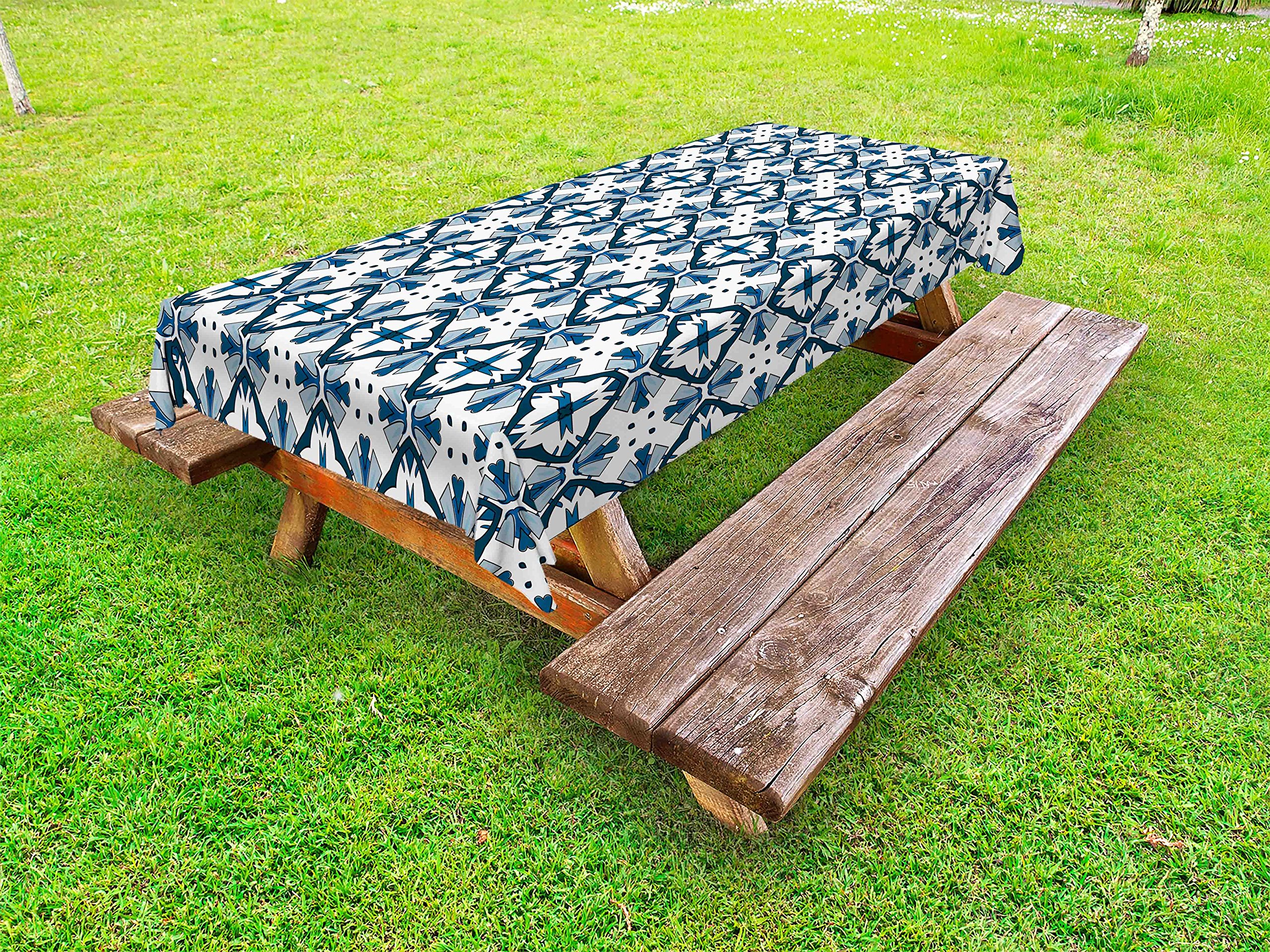 Ambesonne Blue and White Outdoor Tablecloth - Traditional Portuguese Azulejo Tiles Design, Waterproof Washable Picnic Table Cover 58x104 Inches - Perfect for Patio Dining, Garden Parties & Outdoor Decor (Dark Blue, Pale Blue, White)
