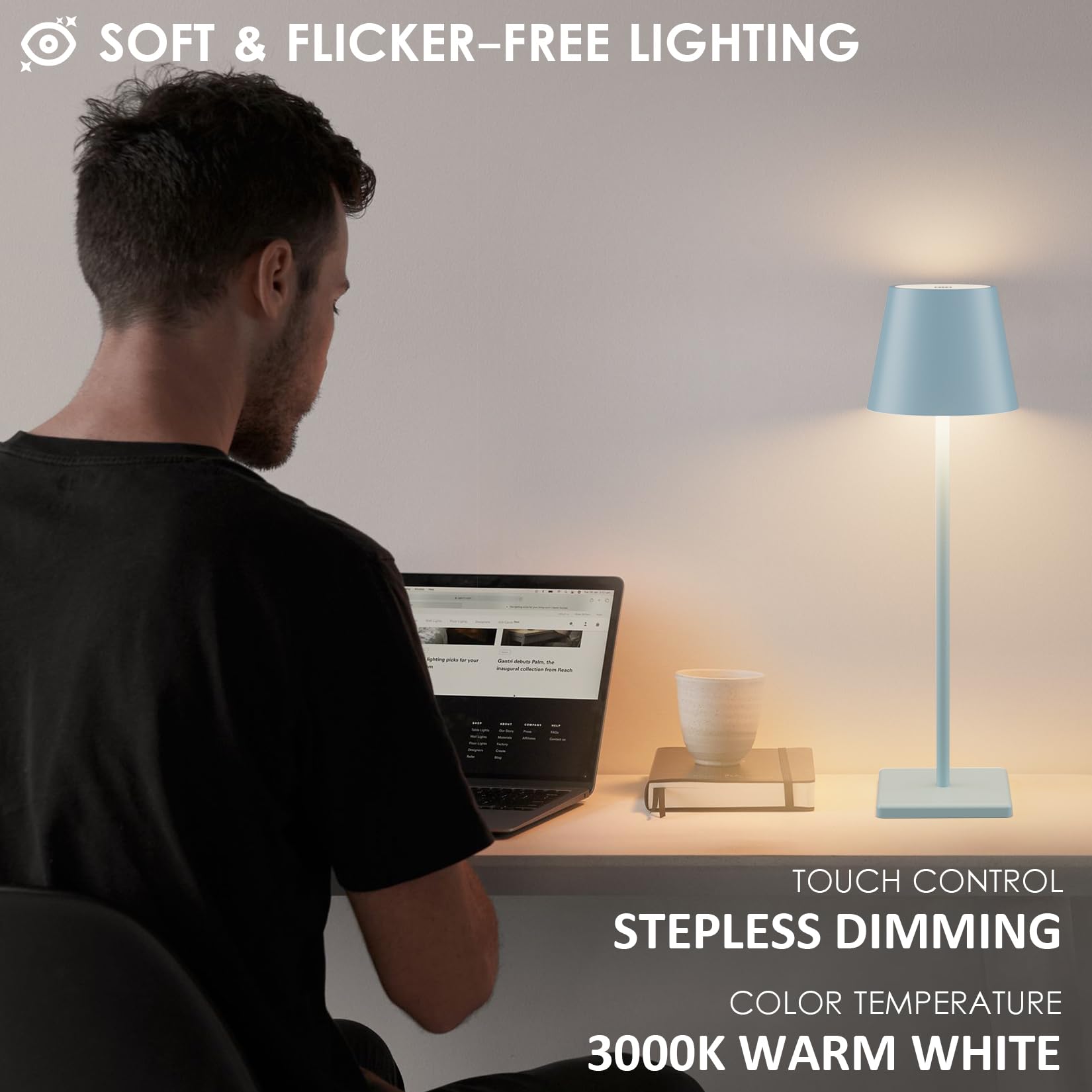 4 Pack Rechargeable LED Table Lamps - 6000mAh Battery, Waterproof Cordless Desk Lamp with Stepless Dimming - Perfect for Camping, Bedroom, Restaurant & Outdoor Use (Blue)
