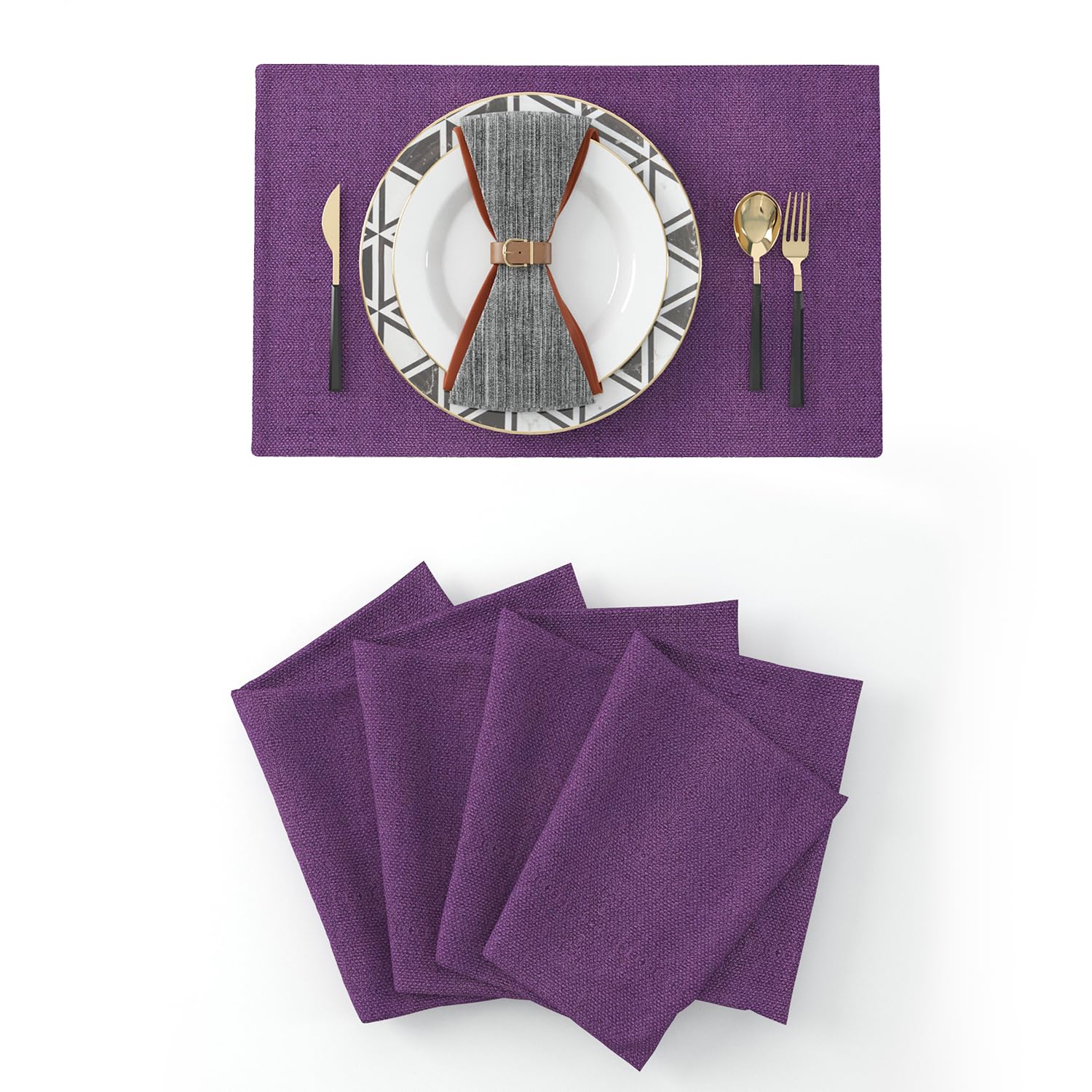 4-Piece 12x18 Inch Heat-Resistant Faux Linen Placemats - Dark Purple Table Mats for Dining & Kitchen - Washable, Non-Slip Table Setting Accessories for Everyday Meals, Dinner Parties & Holiday Gatherings