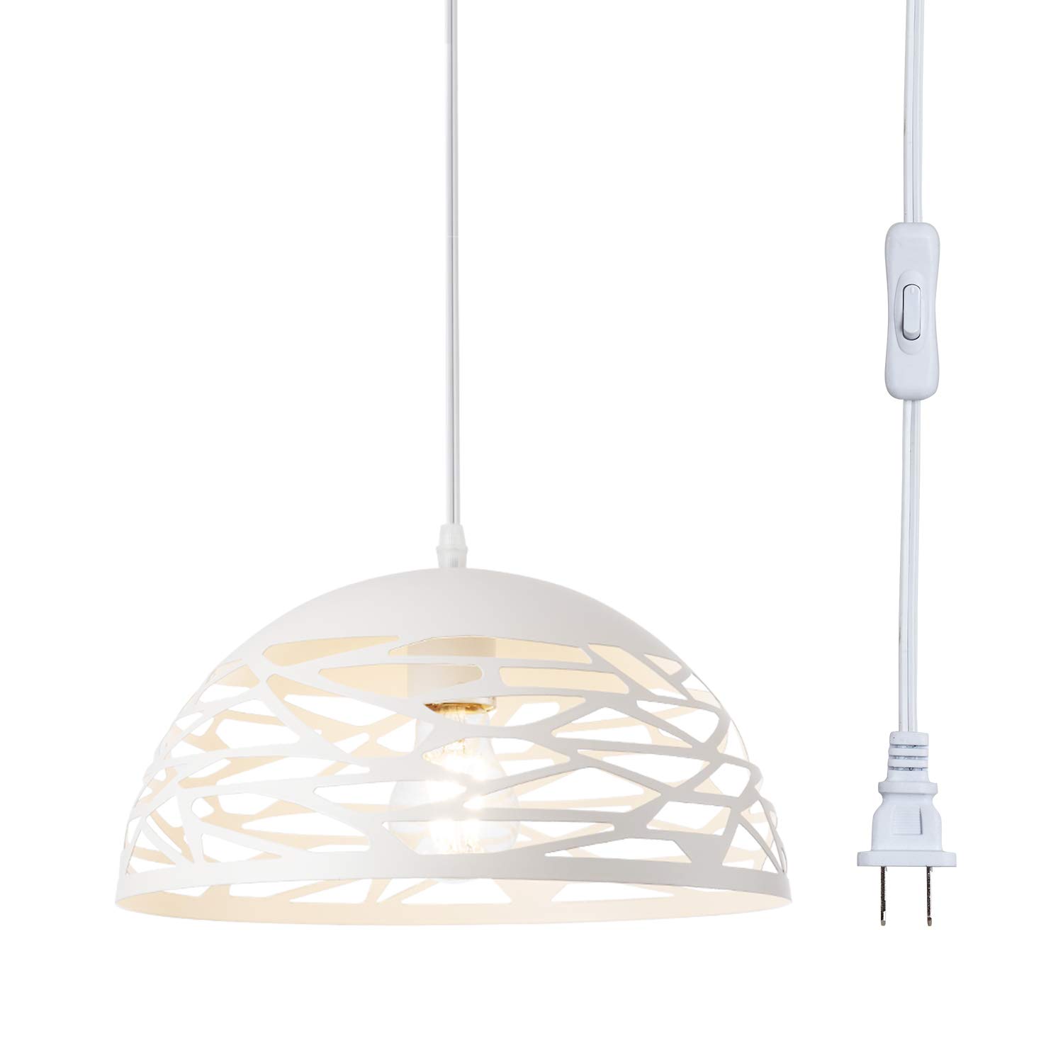 KAIQI Vintage Pendant Light Fixture - E26 Socket Modern Plug-in Hanging Light with On/Off Switch, 15ft Cord, Off-White Shade for Kitchen, Dining Room, Living Room, Bedroom & Restaurant Decor | Perfect for Farmhouse, Industrial & Retro Interior Design