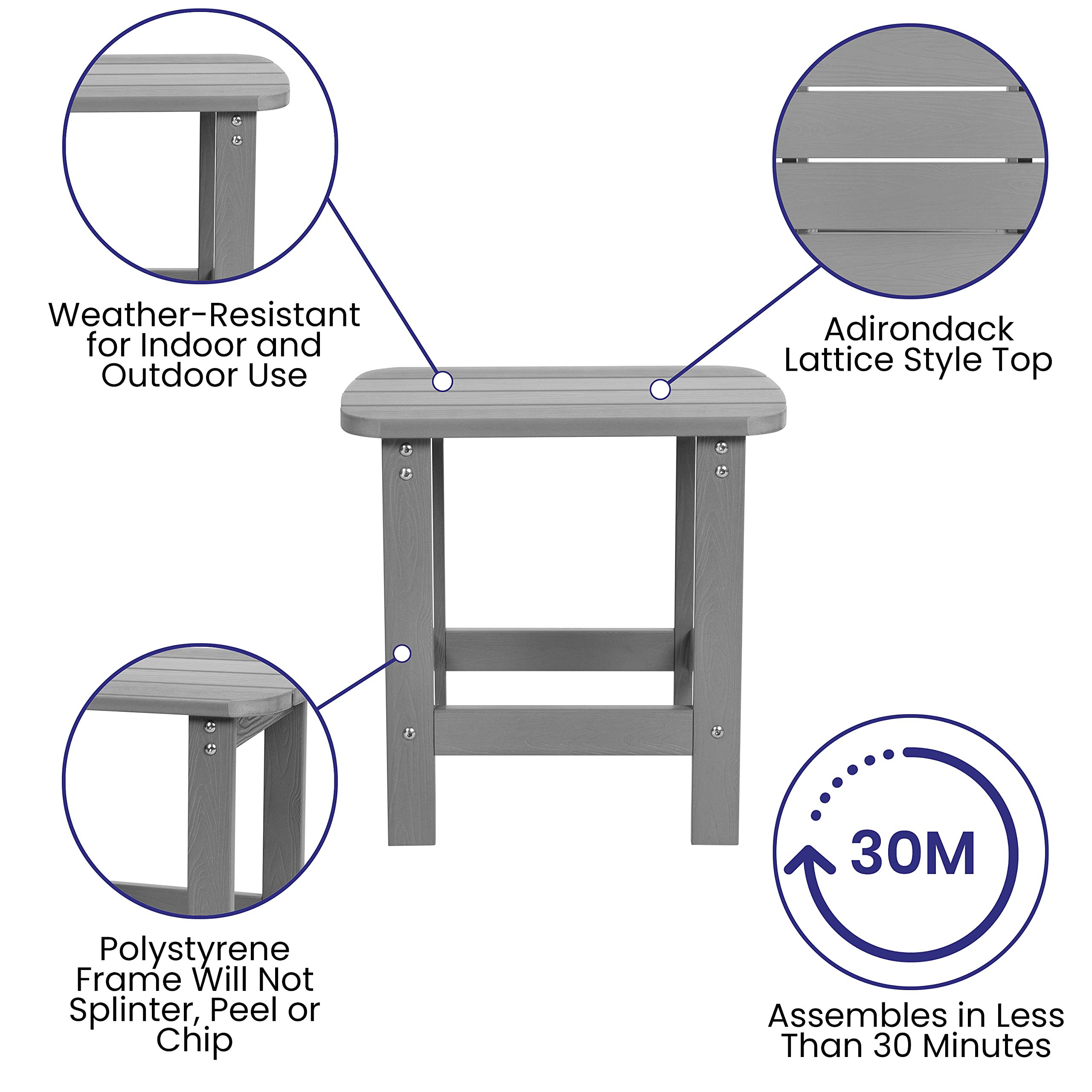 Merrick Lane Riviera Adirondack Patio Chairs and Table Set - Gray Indoor/Outdoor Furniture for Backyard, Deck, Garden & Poolside Relaxation