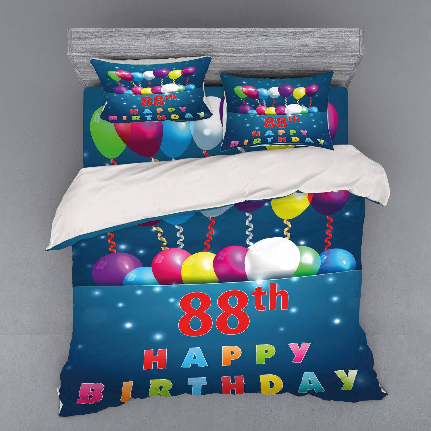 Ambesonne 88th Birthday Bedding Set - 4 Piece King Size Duvet Cover with Shams & Fitted Sheet, Cheerful Party Balloons Design in Multicolor - Perfect for Birthday Celebrations & Guest Room Decor