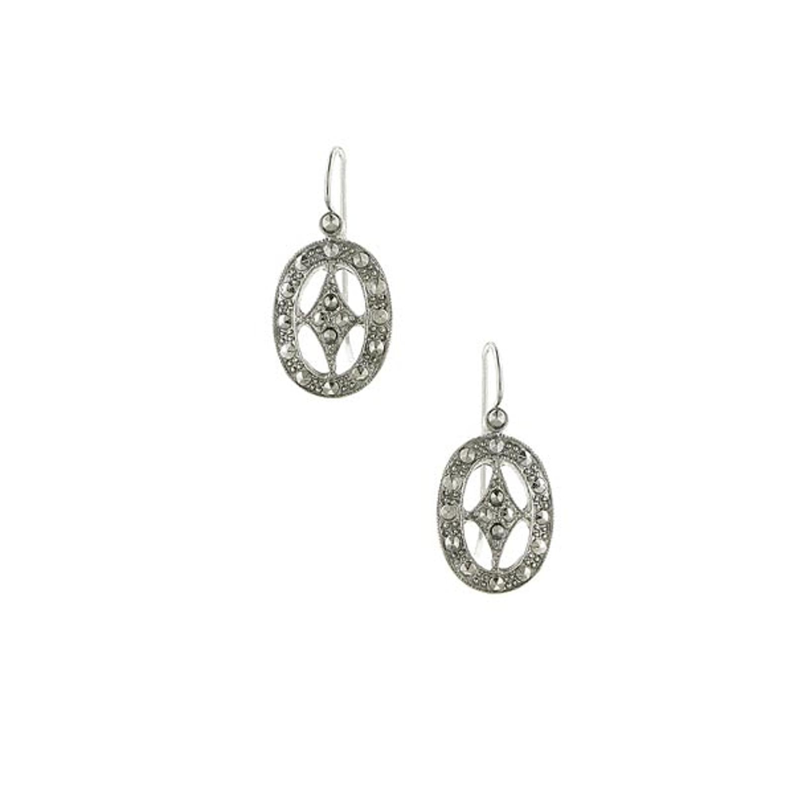 1928 Jewelry Oval Faux Marcasite Drop Earrings - Vintage Inspired Dangle Earrings for Women, Elegant Costume Jewelry for Evening Parties, Weddings & Special Occasions
