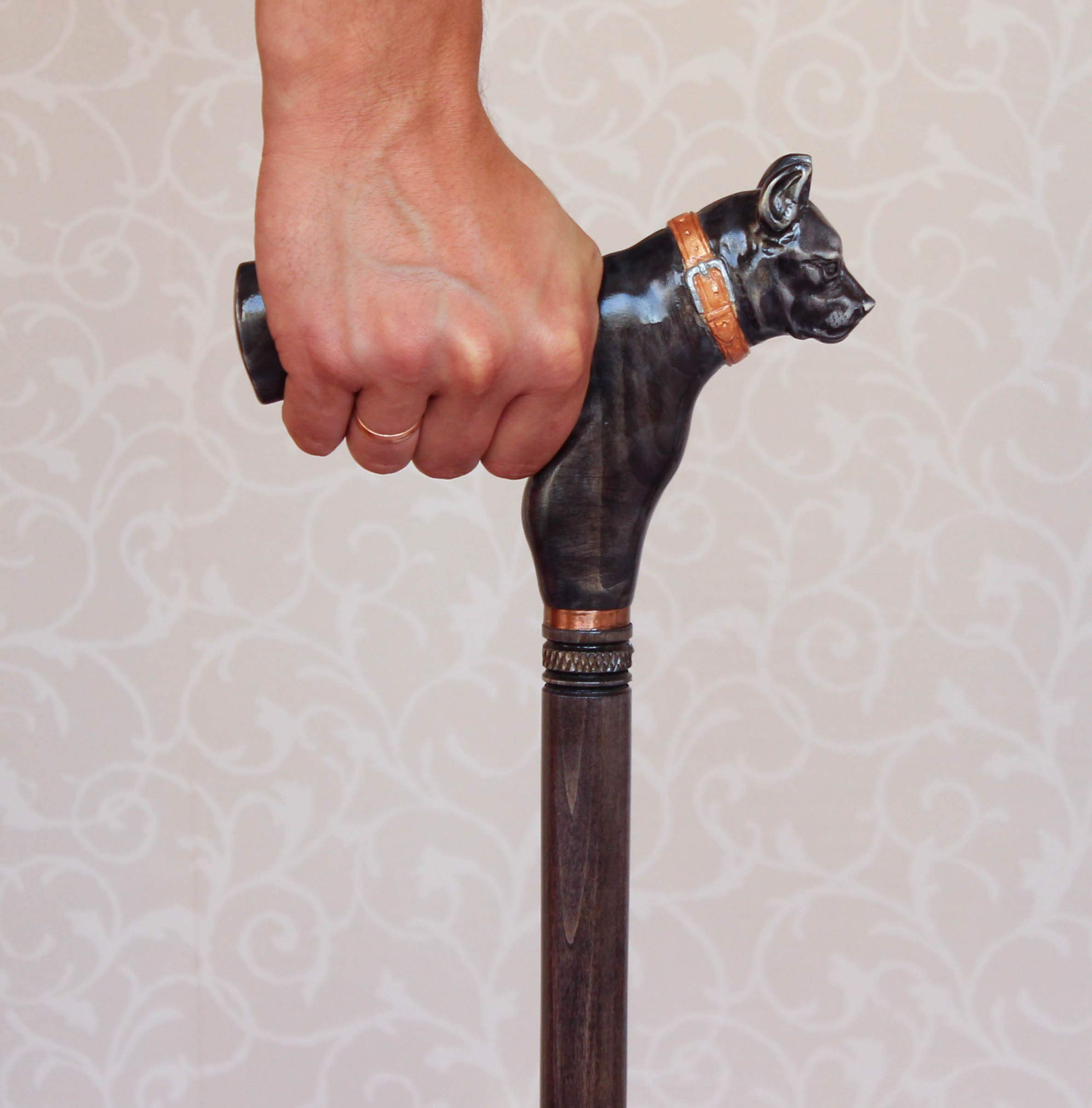 Hand Carved Black Wooden Pitbull Dog Walking Cane - Unique Handmade Hiking Stick for Outdoor Adventures, Pet Lovers & Nature Walks
