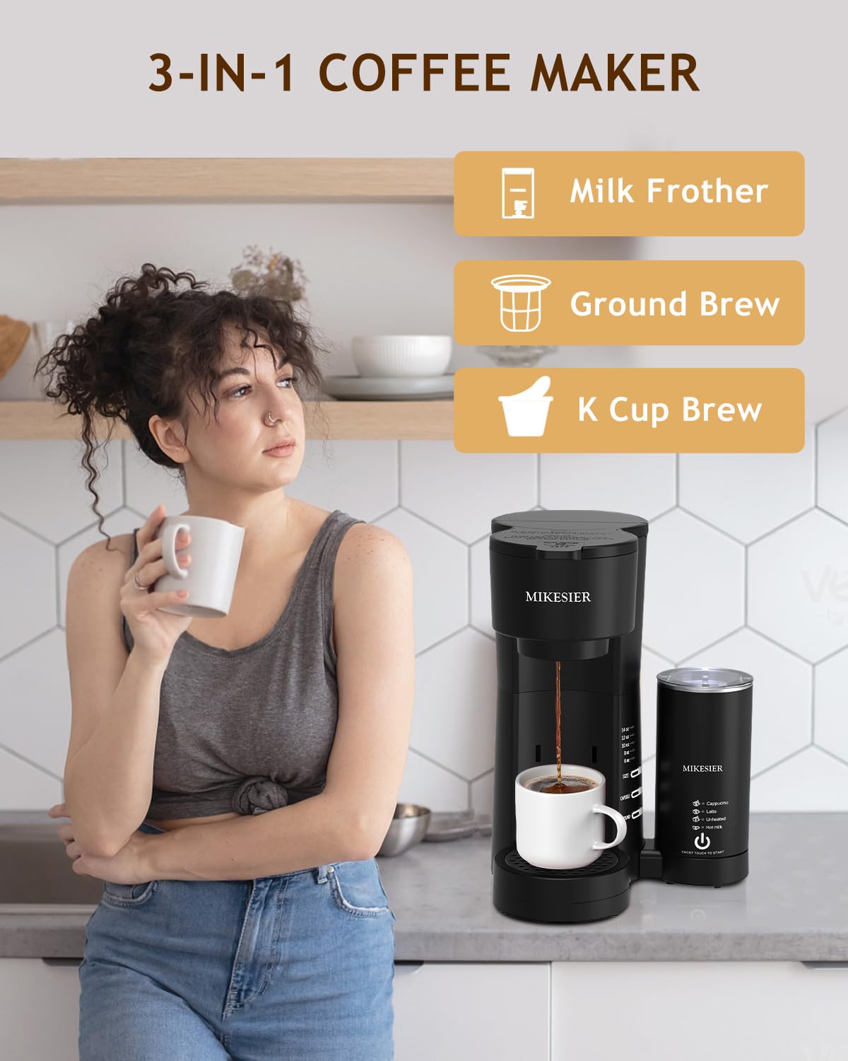 3-in-1 Single Serve Coffee Maker for K-Cups & Ground Coffee - Compact Espresso Machine with Milk Frother, 6-14oz Brew Size, 28oz Removable Water Tank, Adjustable Drip Tray - Perfect for Home, Office & Small Spaces