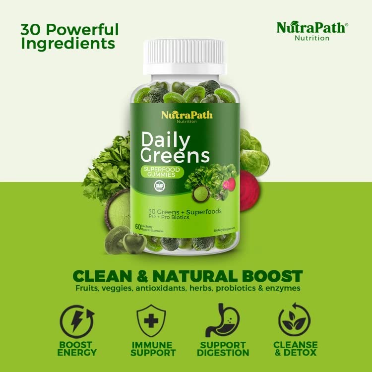 Superfood Daily Greens Gummies - Immune Support & Energy Booster with Fruits, Vegetables & Superfoods - 60 Vegan Gummies for Adults & Kids - Perfect for On-the-Go Nutrition & Healthy Lifestyle