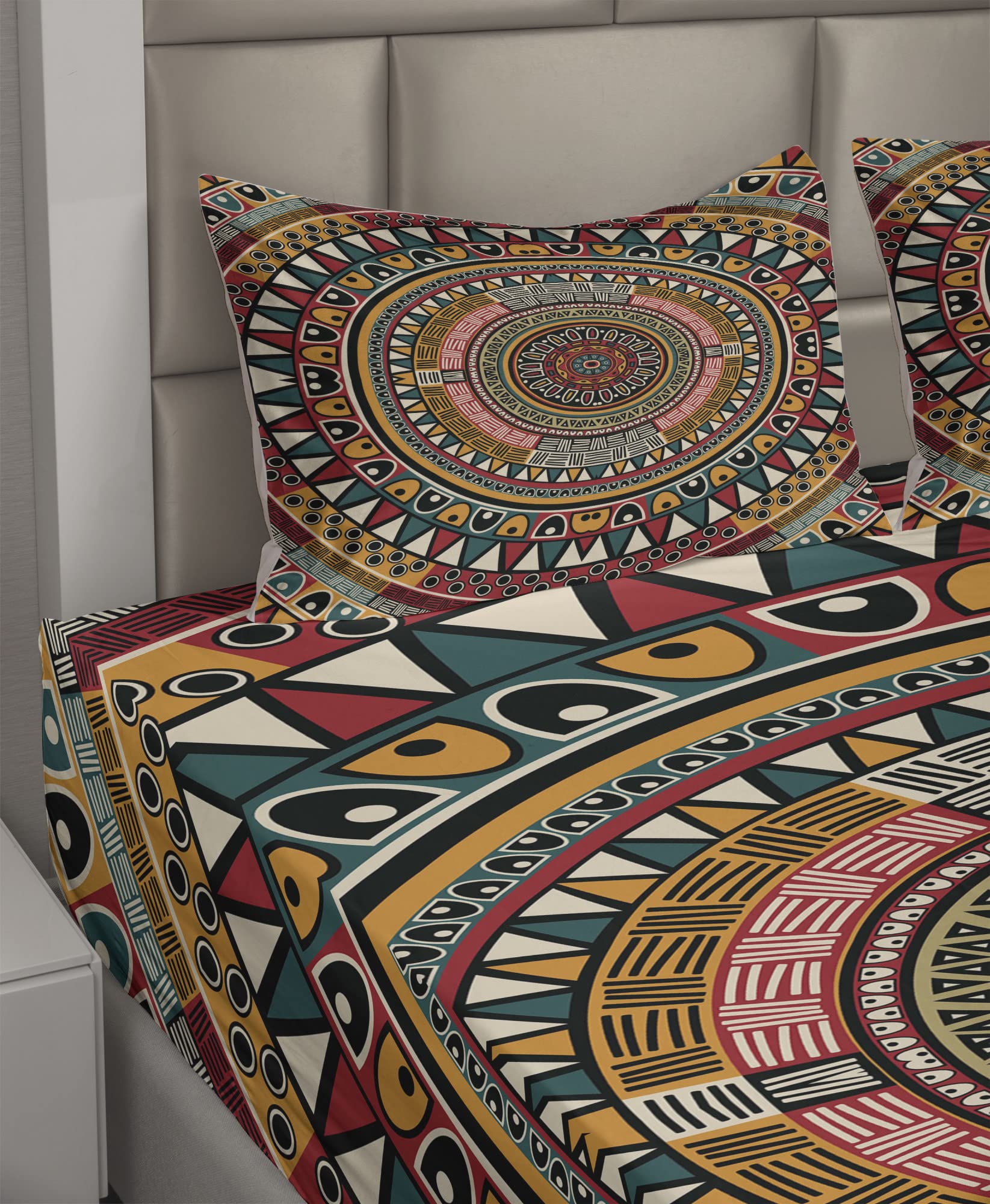 Ambesonne Tribal 4-Piece King Sheet Set - Folkloric Aztec Art Design with Round Patterns in Jade, Ruby & Mustard | Fitted Sheet, Flat Sheet & Pillowcases | Perfect for Bohemian & Eclectic Bedroom Decor