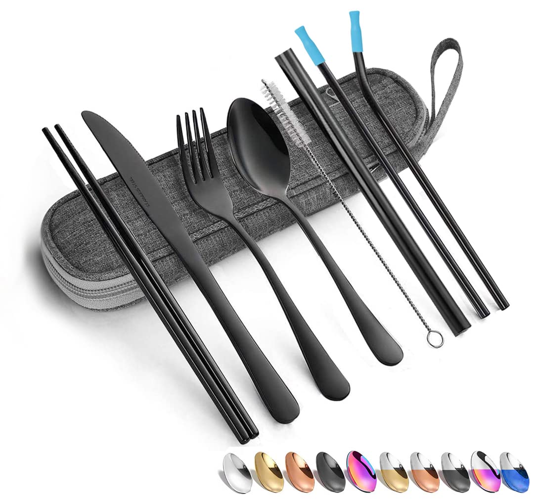 **Stainless Steel Travel Utensil Set with Case - Portable Reusable Cutlery, Chopsticks & Straw for Camping, Hiking & Outdoor Dining (Black)**
